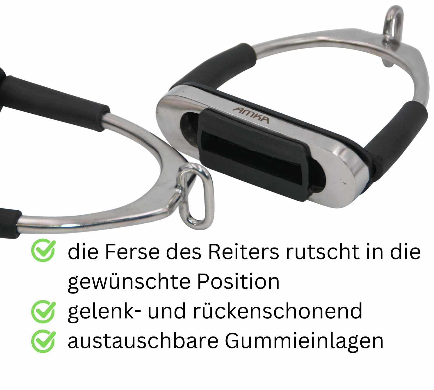 Nahaufnahme eines Steigbügels. Text: Der Fers des Reiters rutscht in die gewünschte Position. Gelenk- und rückenschonend.