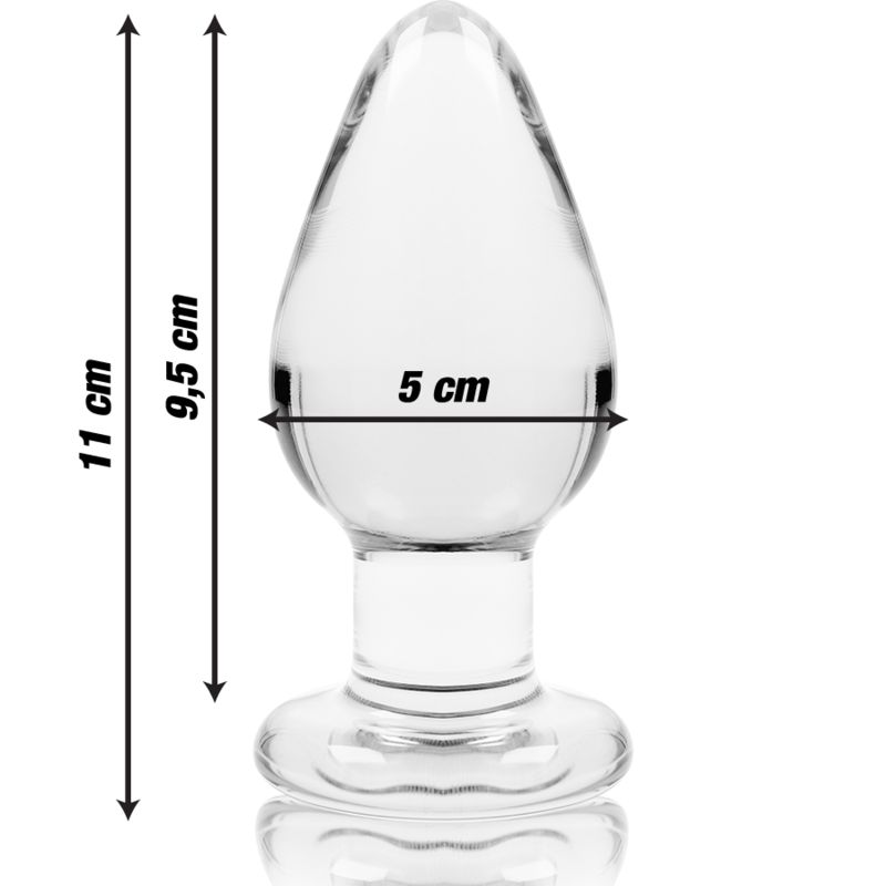 Klarer Glas-Analplug. Maße: Länge 11 cm, Breite 5 cm. Höhe 9,5 cm.
