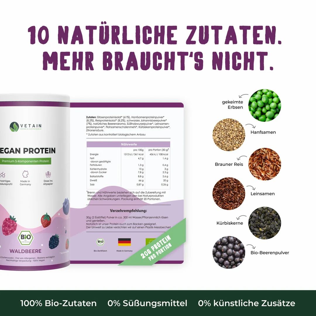 Dose "Vetain Vegan Protein Waldbeere" neben Zutaten. Text: "10 natürliche Zutaten. Mehr braucht's nicht". 100% Bio-Zutaten, 0% Zusätze.