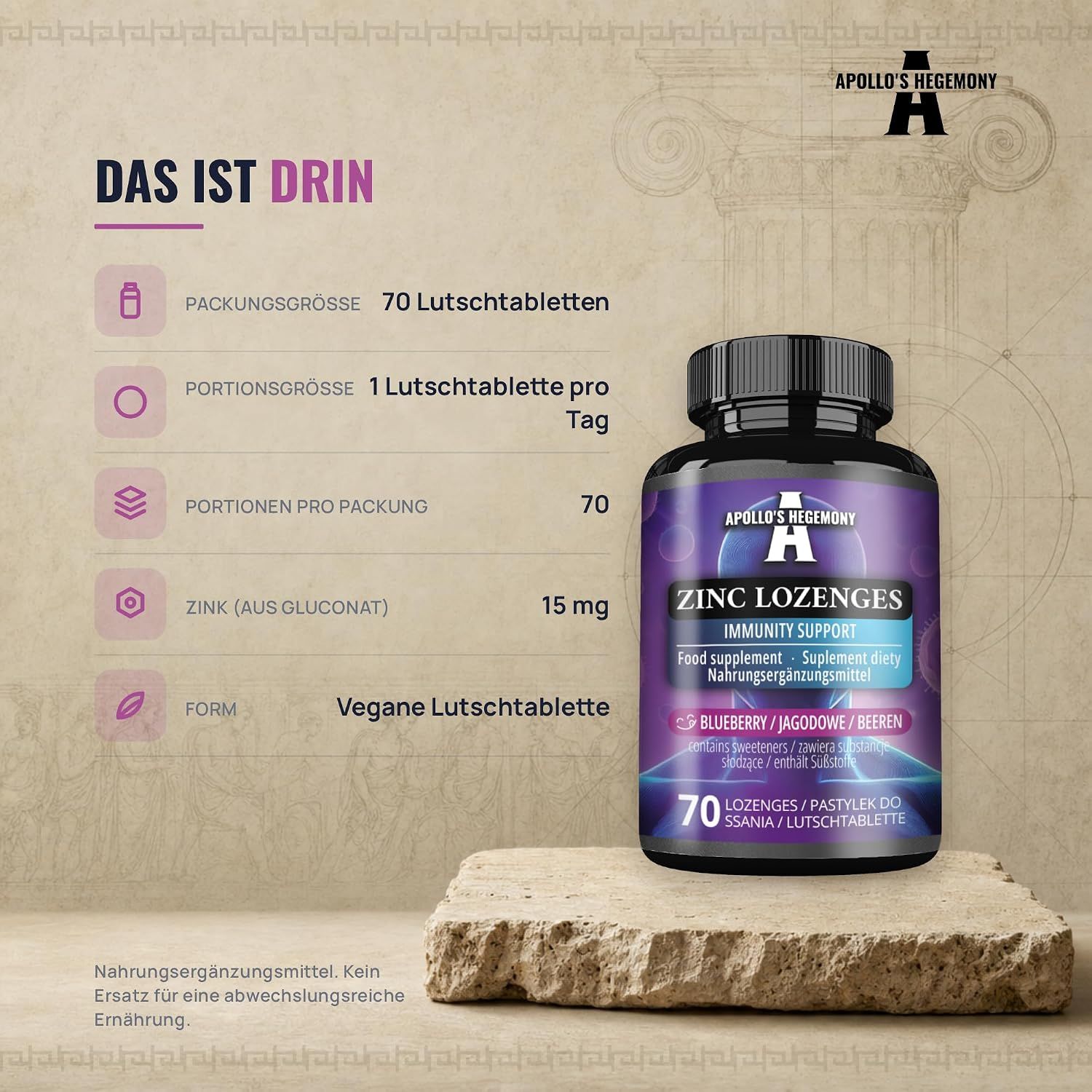 Flasche mit Apollo's Hegemony Zink Lutschtabletten, 70 Stück, Blaubeergeschmack.
