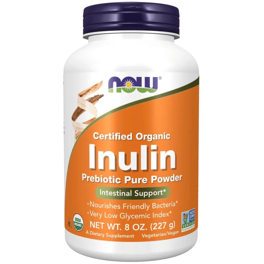 Weiße Flasche mit blauem Deckel. Aufschrift: Inulin, Prebiotic Pure Powder. Enthält 227 g. Zertifiziertes Bio-Produkt.