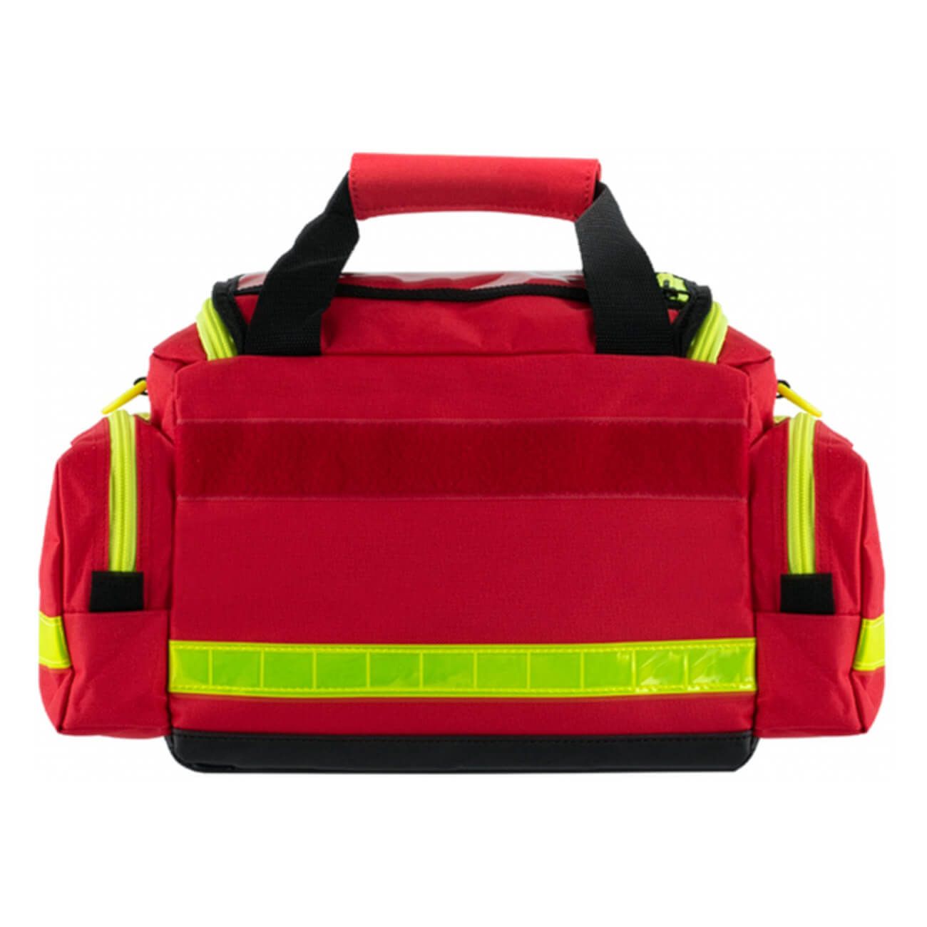 Rote Notfalltasche mit gelben Reflektoren. Schwarze Tragegriffe und Reißverschlüsse. Rechteckige Form.