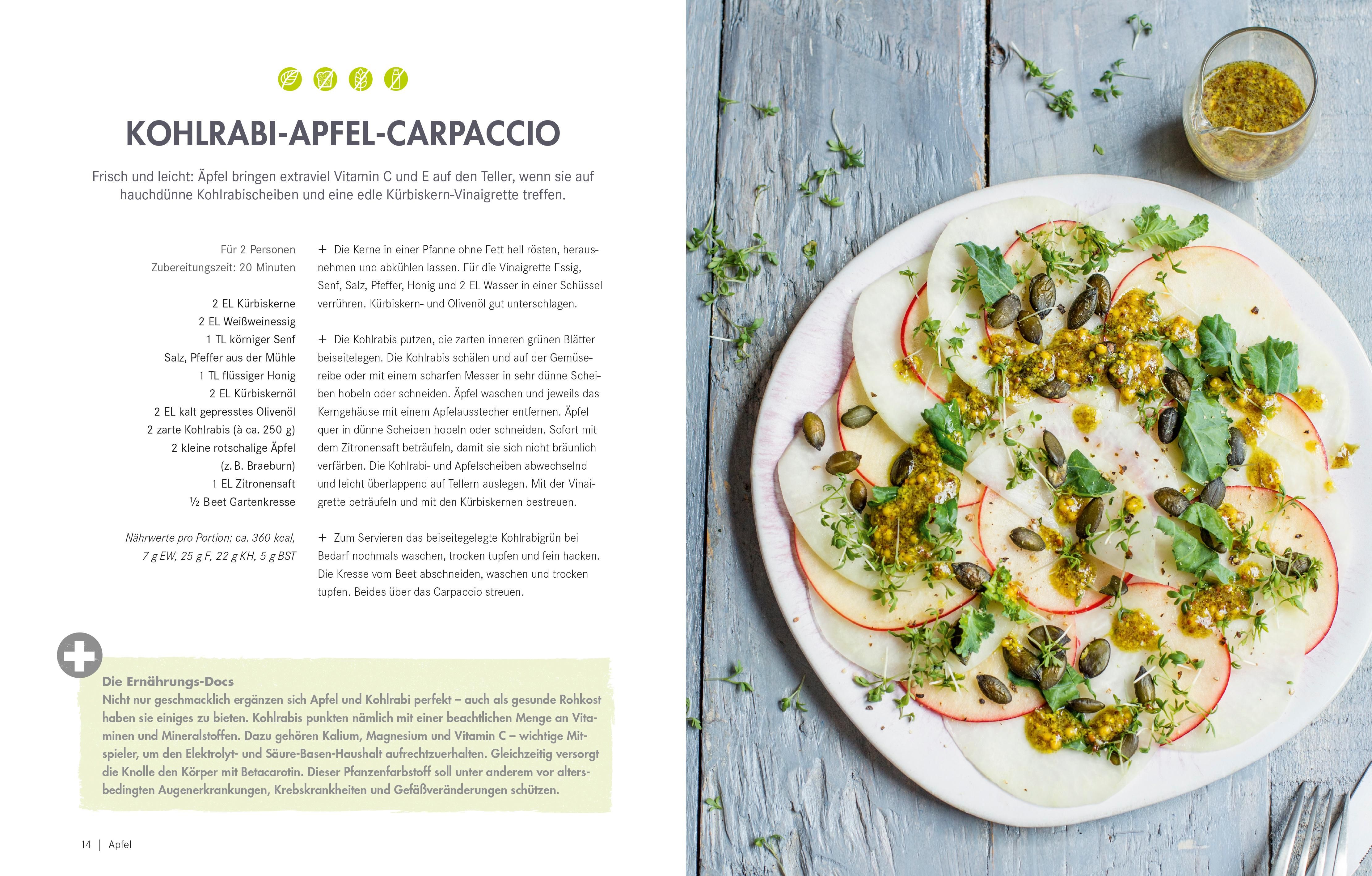 Buchseite mit Text und Foto von einem Gericht mit Apfel-Carpaccio. Text in deutscher Sprache.