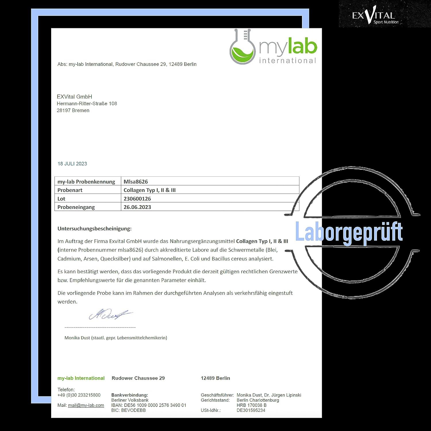 Laborgeprüftes EXVital Collagen Pulver: Analyse von mylab international.