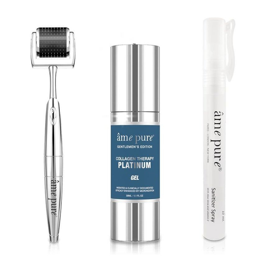 Drei ame pure Produkte: Dermaroller, Gel und Desinfektionsspray.
