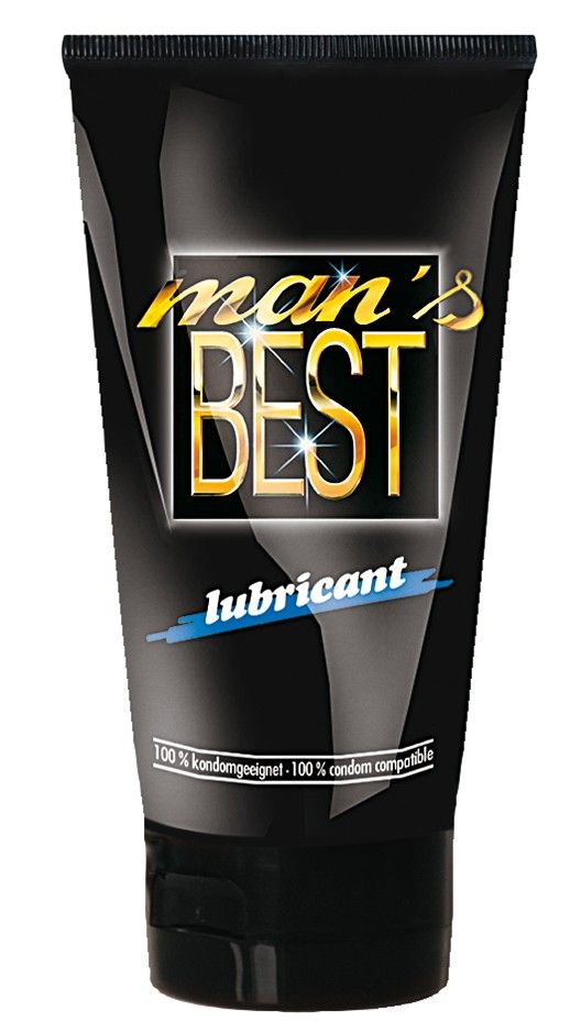 Schwarze Tube mit goldfarbenem Schriftzug "man's BEST lubricant". Blaue Linie unter dem Wort "lubricant". Text: "100% kondomgeegnet - 100% condom compatible".
