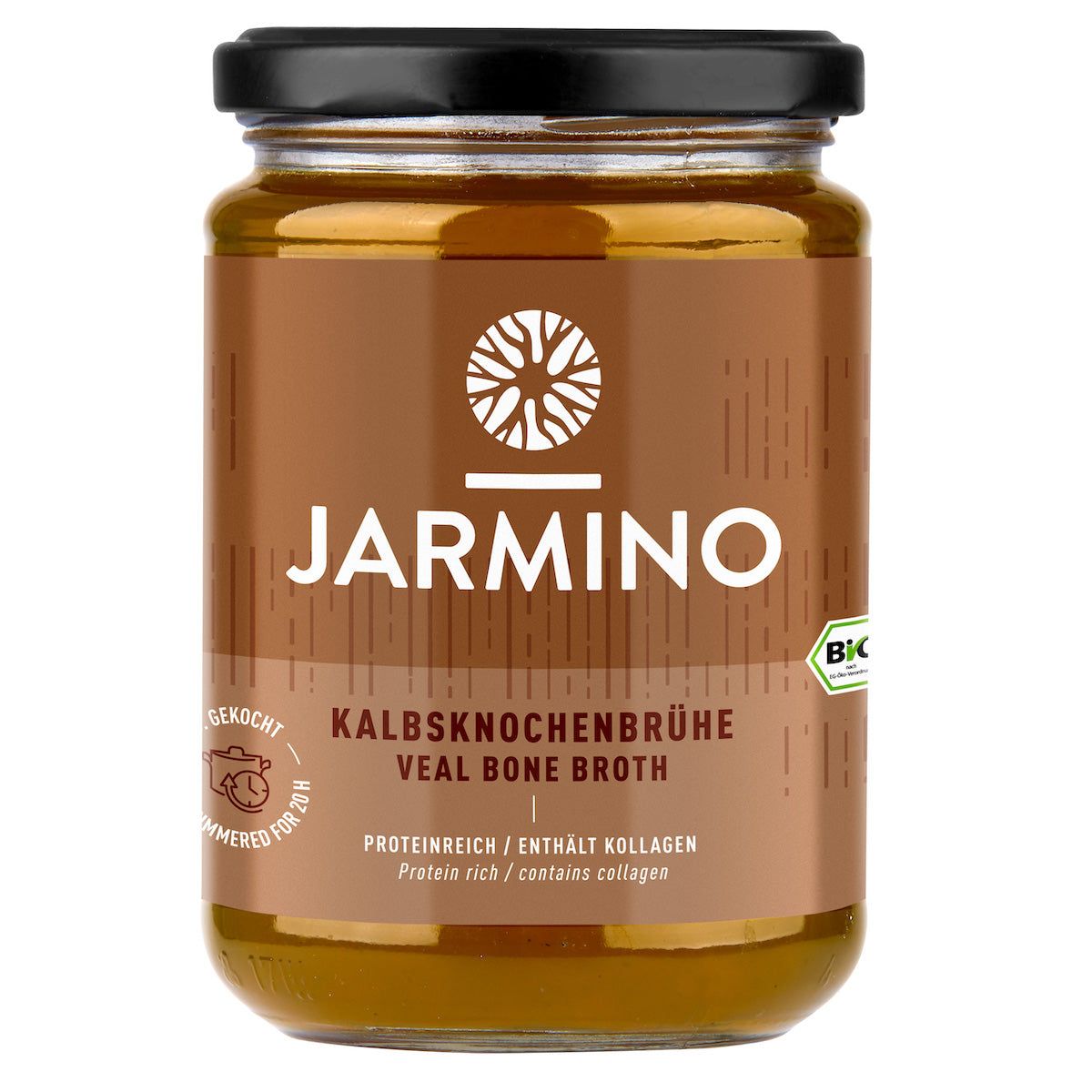 Glas mit brauner Flüssigkeit. Aufschrift: JARMINO, Kalbsknochenbrühe, Bio-Siegel.
