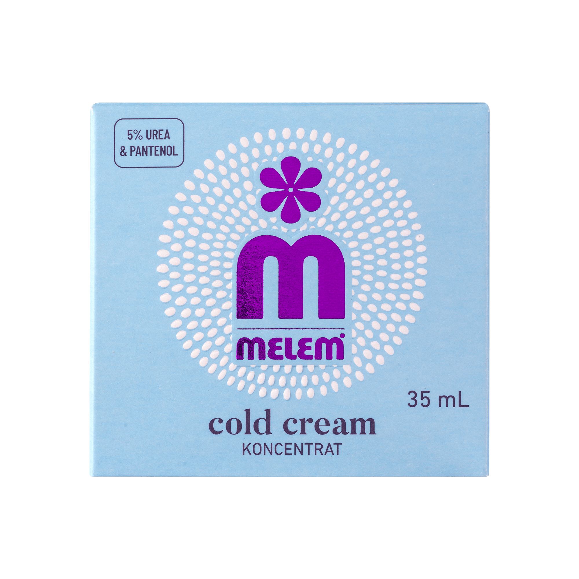Hellblaue Schachtel mit lila Logo und Schriftzug MELEM cold cream. Enthält 35 ml. Oben links: 5% Urea & Panthenol.