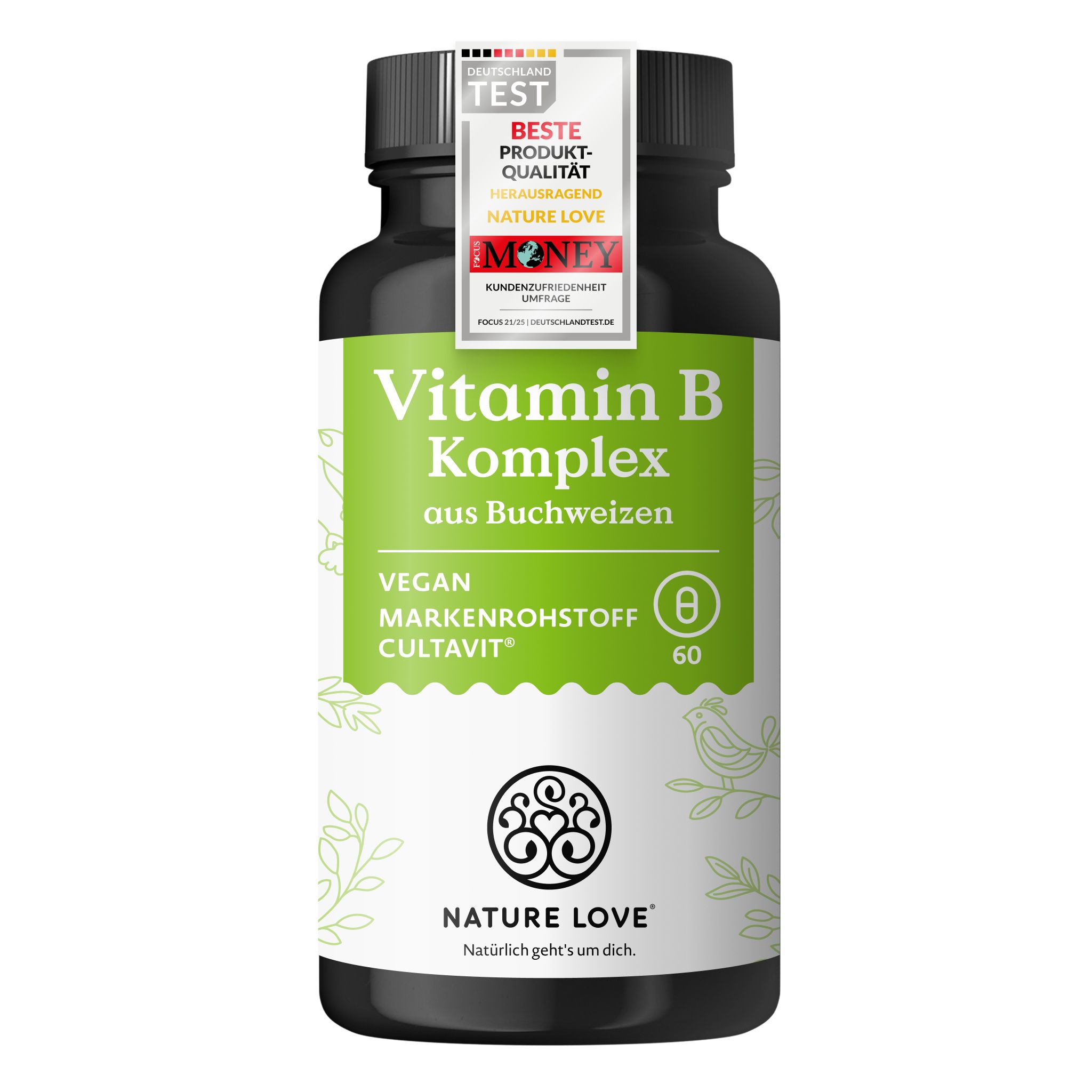 Flasche Vitamin B Komplex aus Buchweizen, mit Siegel 'Beste Produkt-Qualität'.