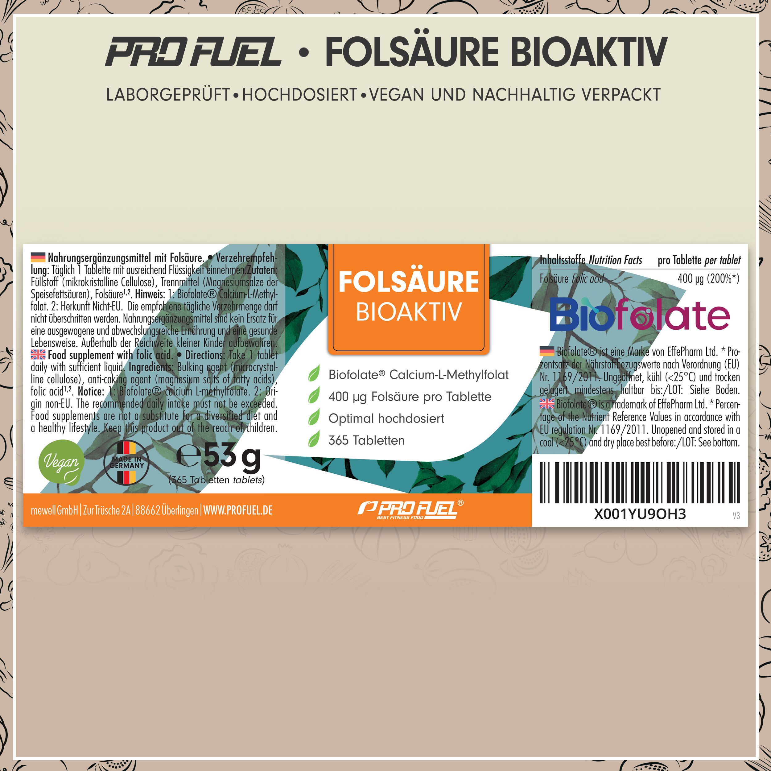 Produktetikett Folsäure BIOAKTIV. Enthält Informationen zu Inhaltsstoffen, Dosierung und Hersteller.