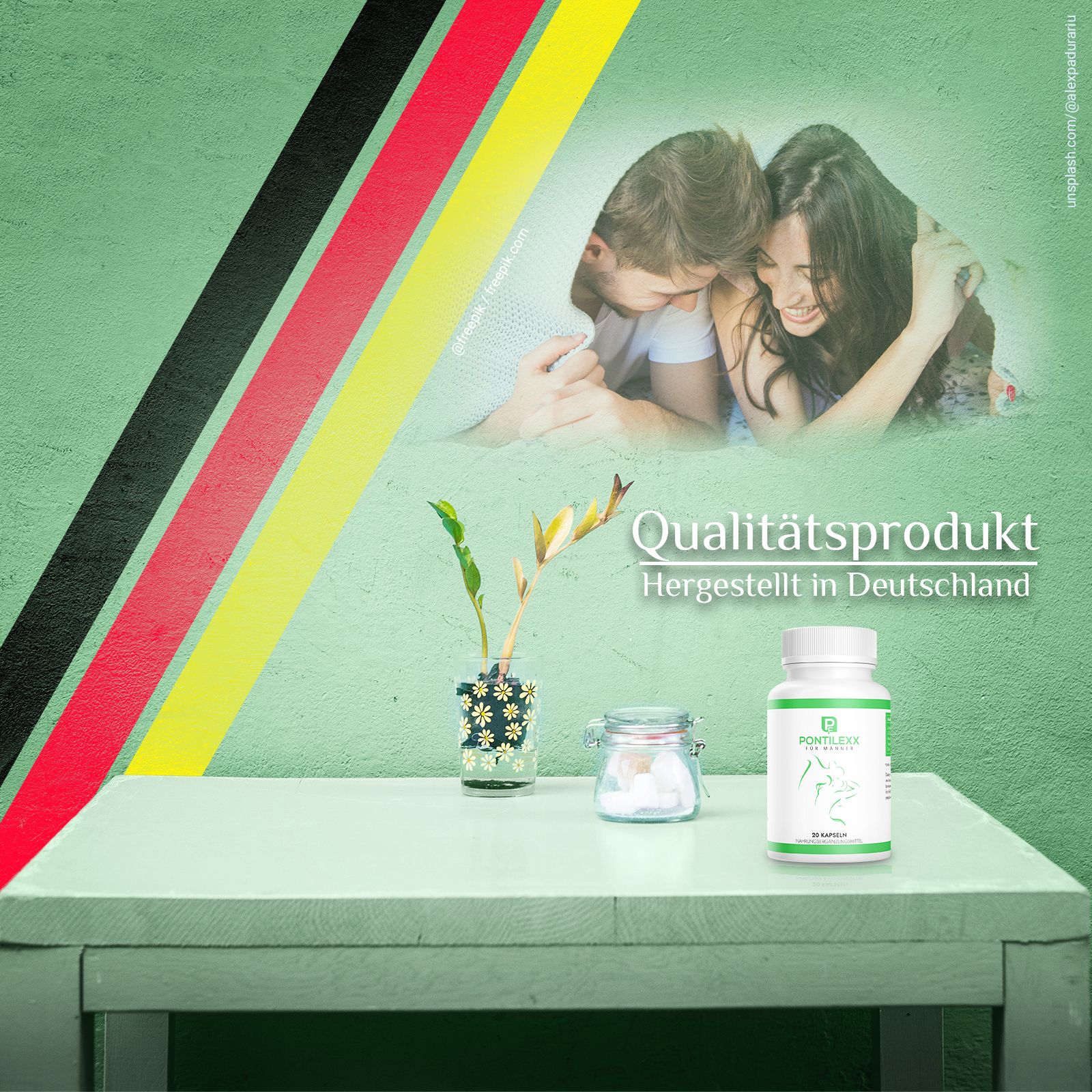 Weiße Flasche mit grünem Etikett. Aufschrift: Pontilexx für Männer. Auf einem Tisch. Text: Qualitätsprodukt. Hergestellt in Deutschland. Abbildung von Paaren.