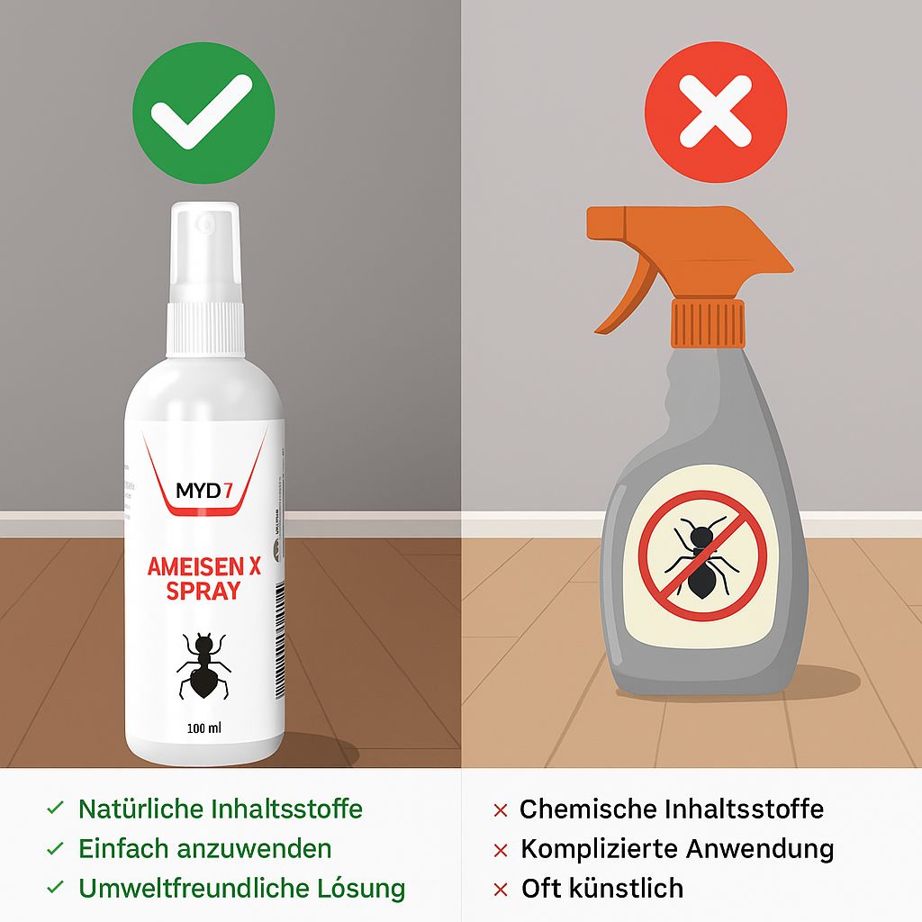 Vergleich von zwei Sprays. Links: Weiße Flasche mit "MYD7" und "AMEISEN X SPRAY". Rechts: Graue Flasche mit rotem Kreuz und Ameisensymbol.