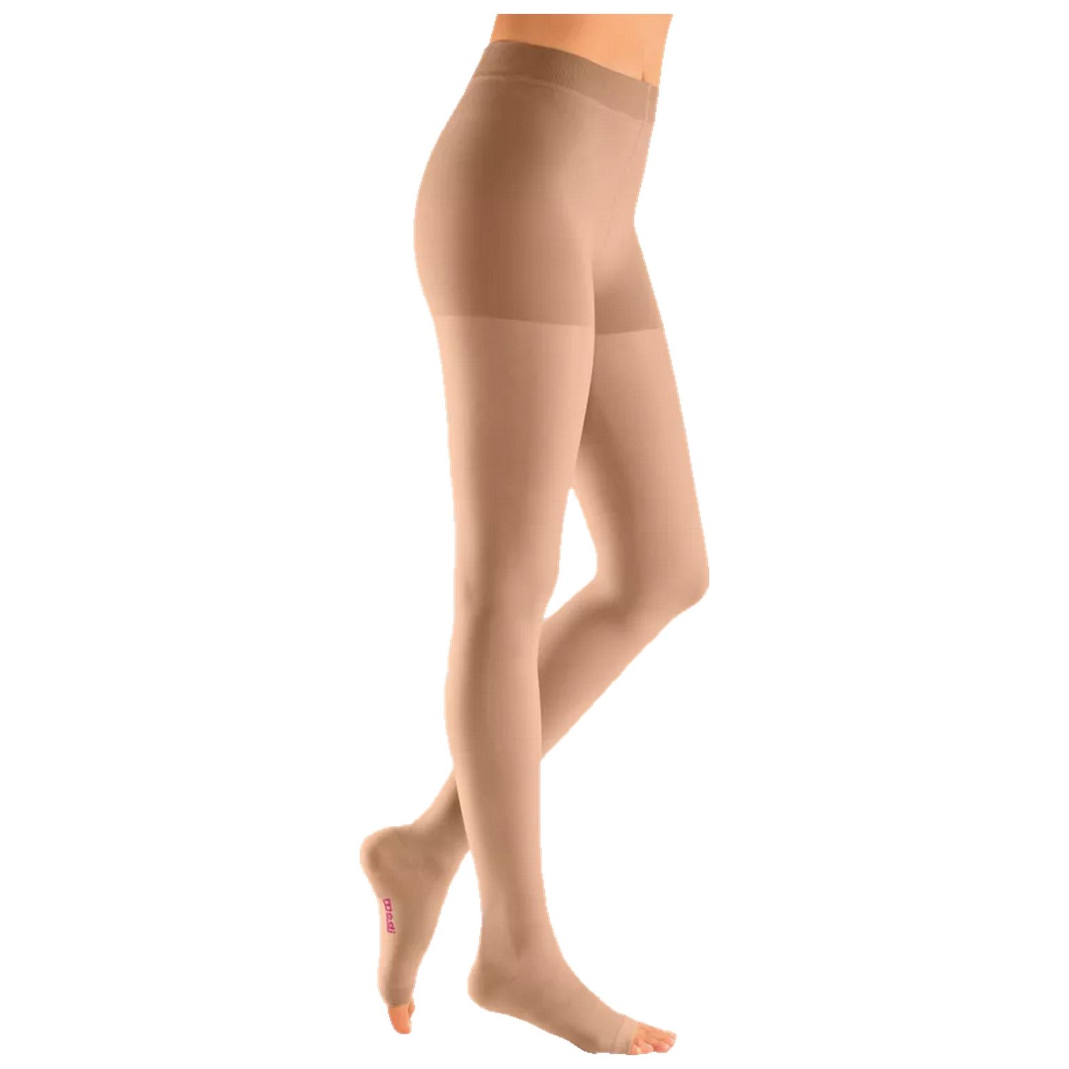 Hautfarbene Kompressionsstrumpfhose. Seitliche Ansicht einer Person, die die Strumpfhose trägt. Zehenbereich mit roter Markierung.