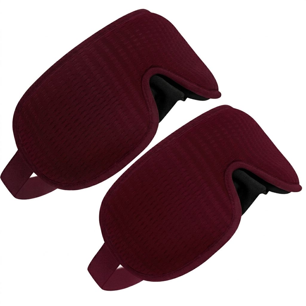 Zwei dunkelrote Schlafmasken mit verstellbarem Riemen.
