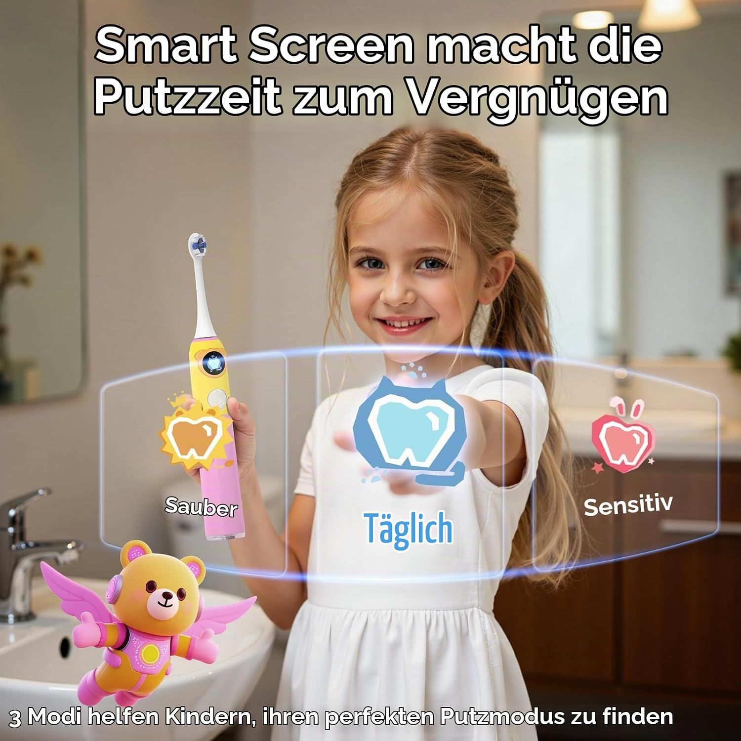 Nahaufnahme des Griffs einer pinken Kinder-Elektrozahnbürste mit Silikonhülle.