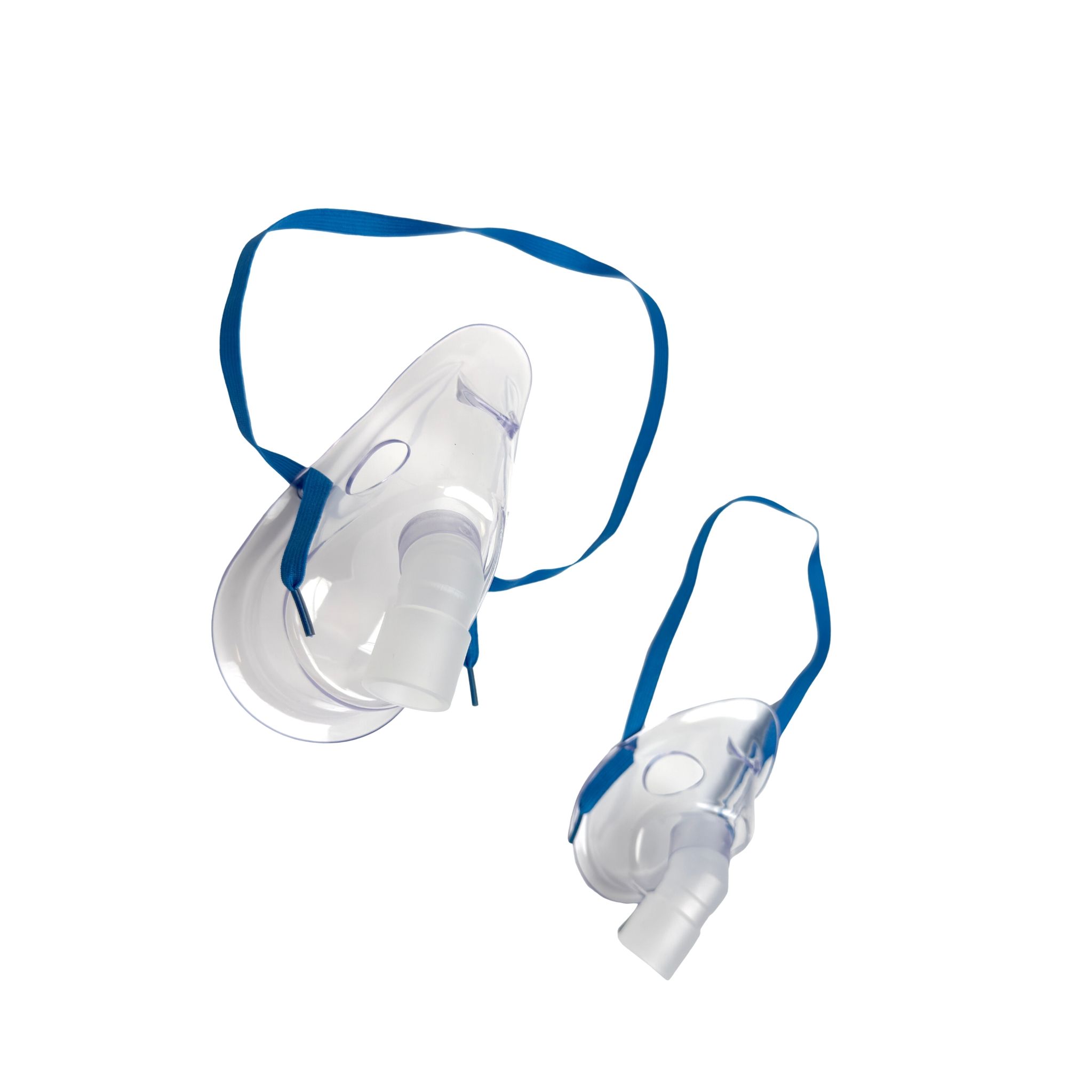 Zwei Inhalationsmasken mit blauen Bändern.