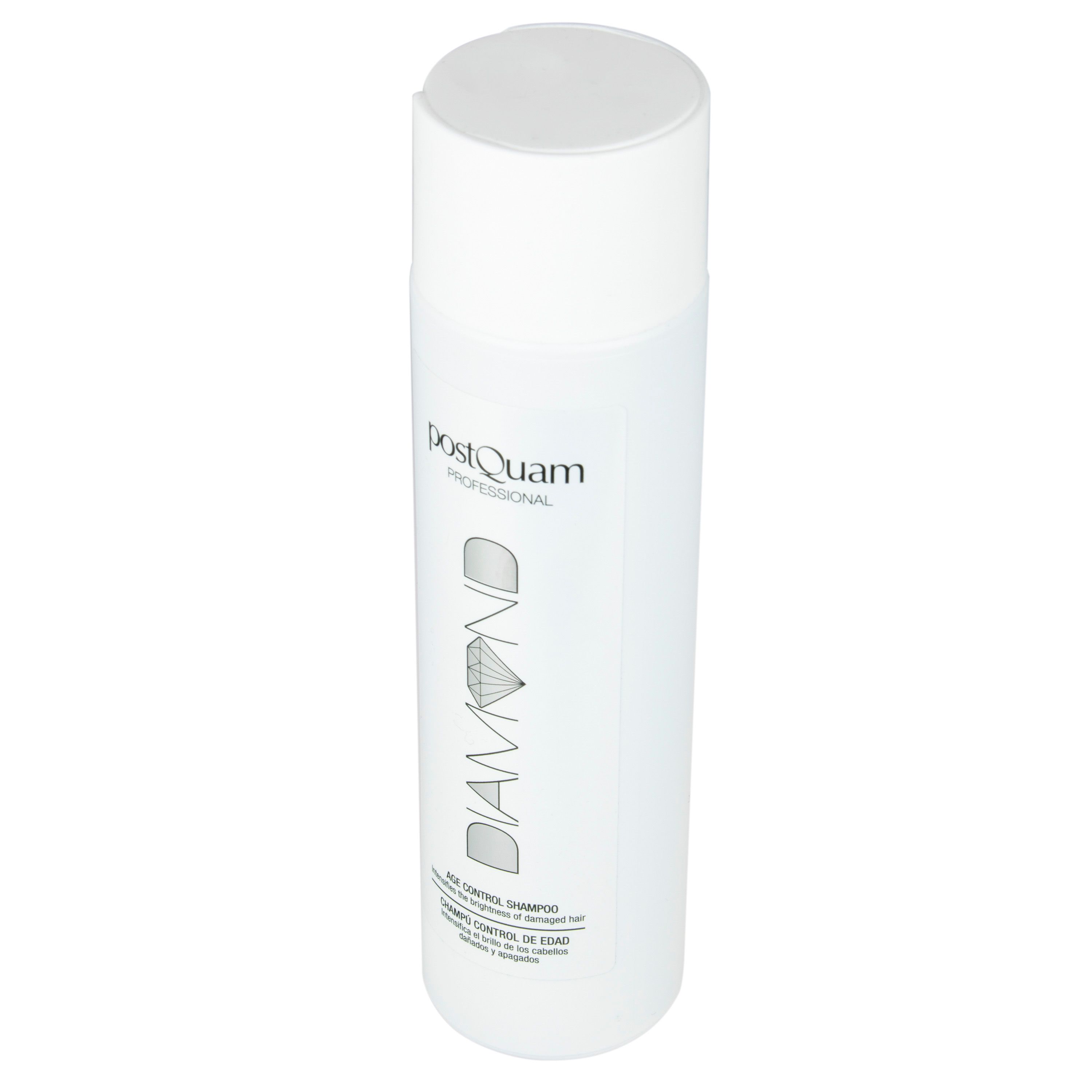 Weiße Shampoo-Flasche mit schwarzem und silbernem Etikett. Aufschrift: DIAMOND, PostQuam Professional, Age Control Shampoo.