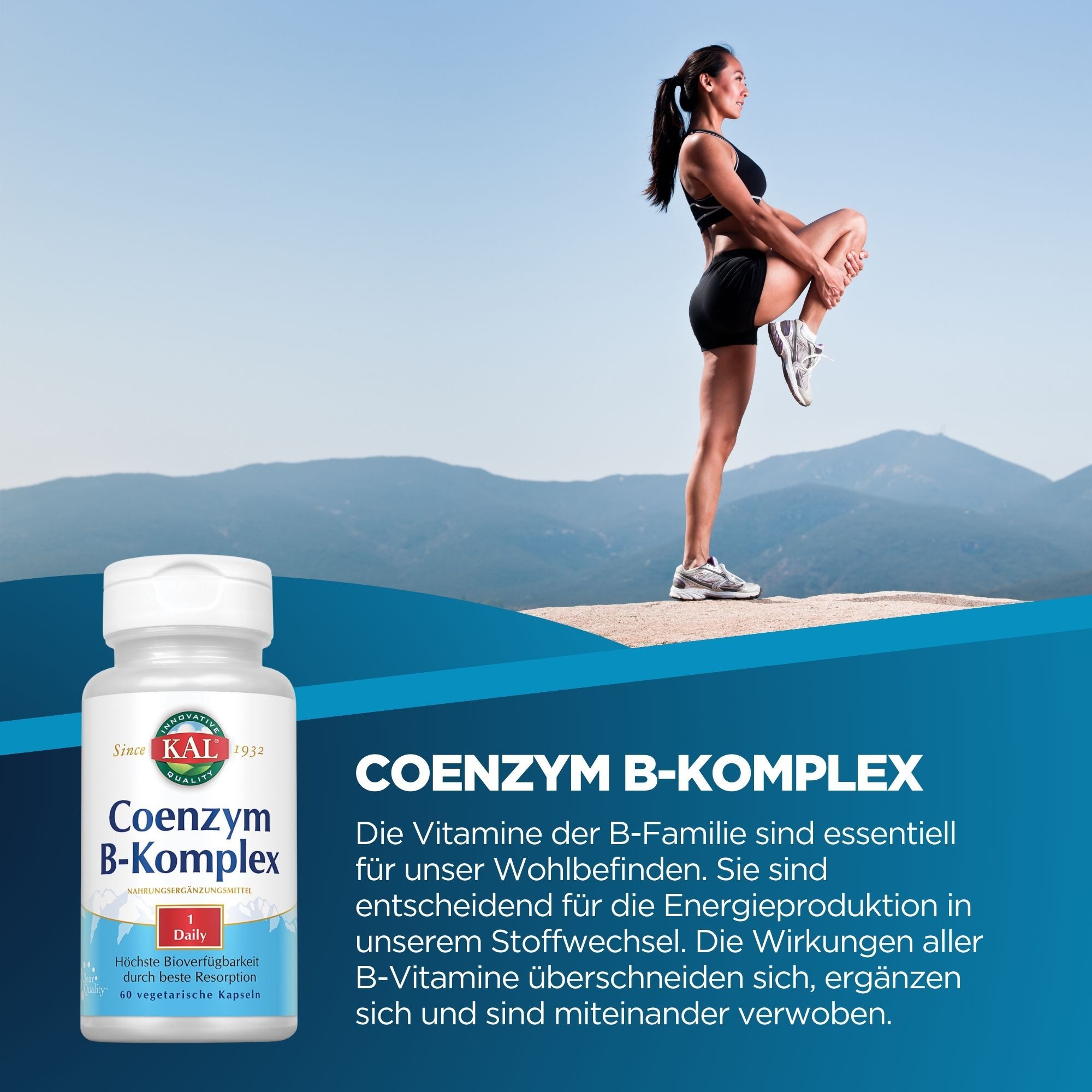 Frau beim Dehnen neben einer Flasche KAL Coenzym B-Komplex. Hintergrund: Berge.