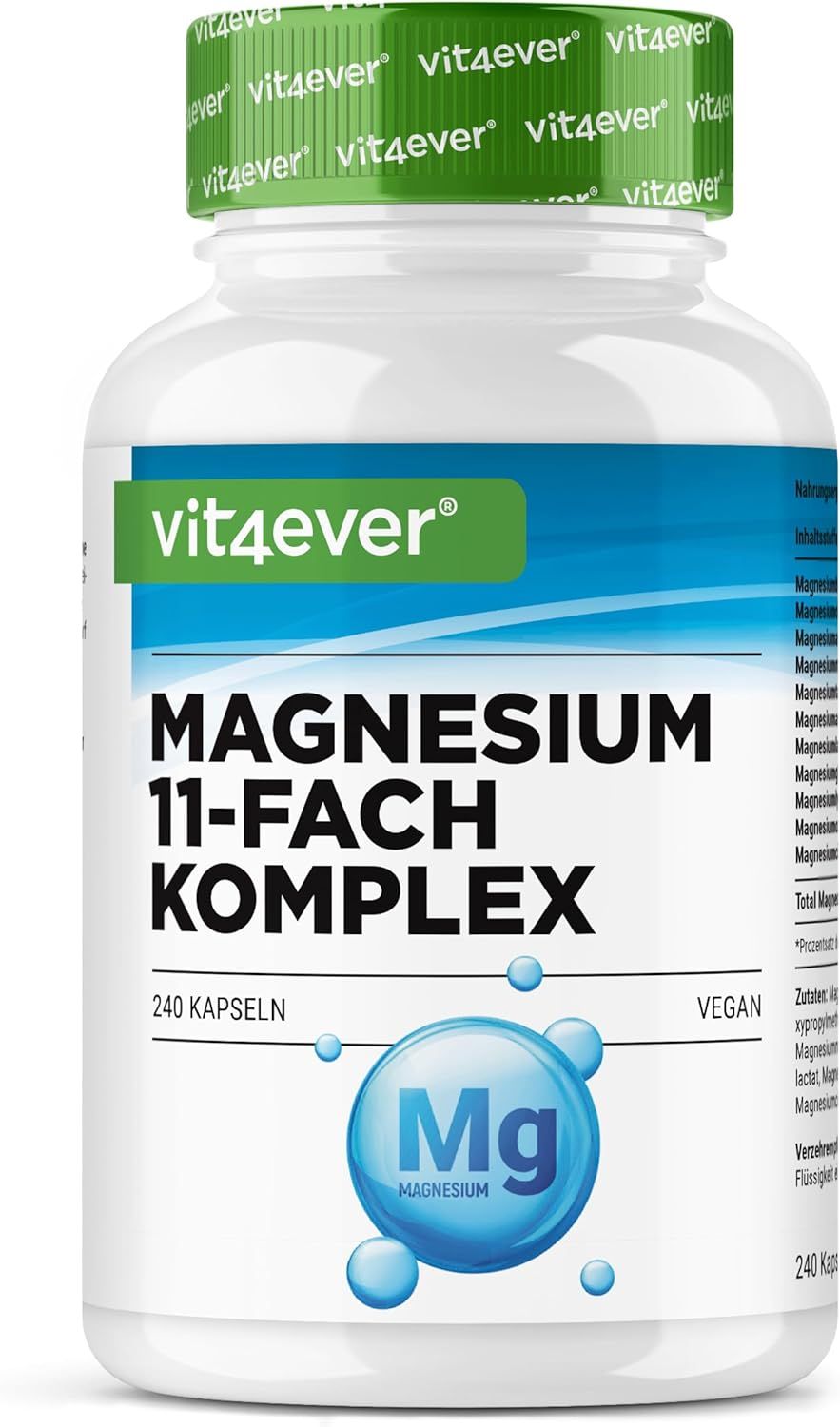 Weiße Flasche mit grünem Deckel. Aufschrift: vit4ever, Magnesium 11-Fach Komplex, 240 Kapseln, vegan. Blaue Mg-Grafik.