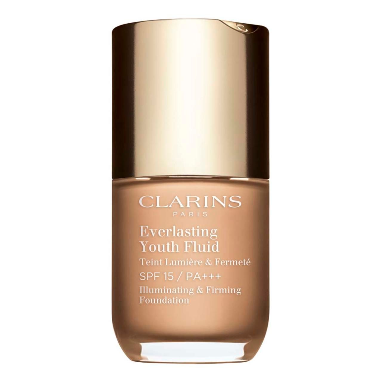 Clarins Everlasting Youth Fluid SPF 15. Flasche mit goldfarbenem Deckel und beigem Inhalt. Text: Teint Lumière & Fermeté.