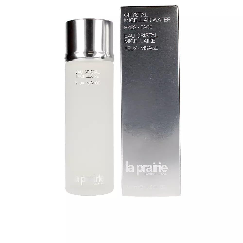 Zylindrische Flasche und Schachtel. Aufschrift: Crystal Micellar Water, Eyes Face. Marke: la prairie.