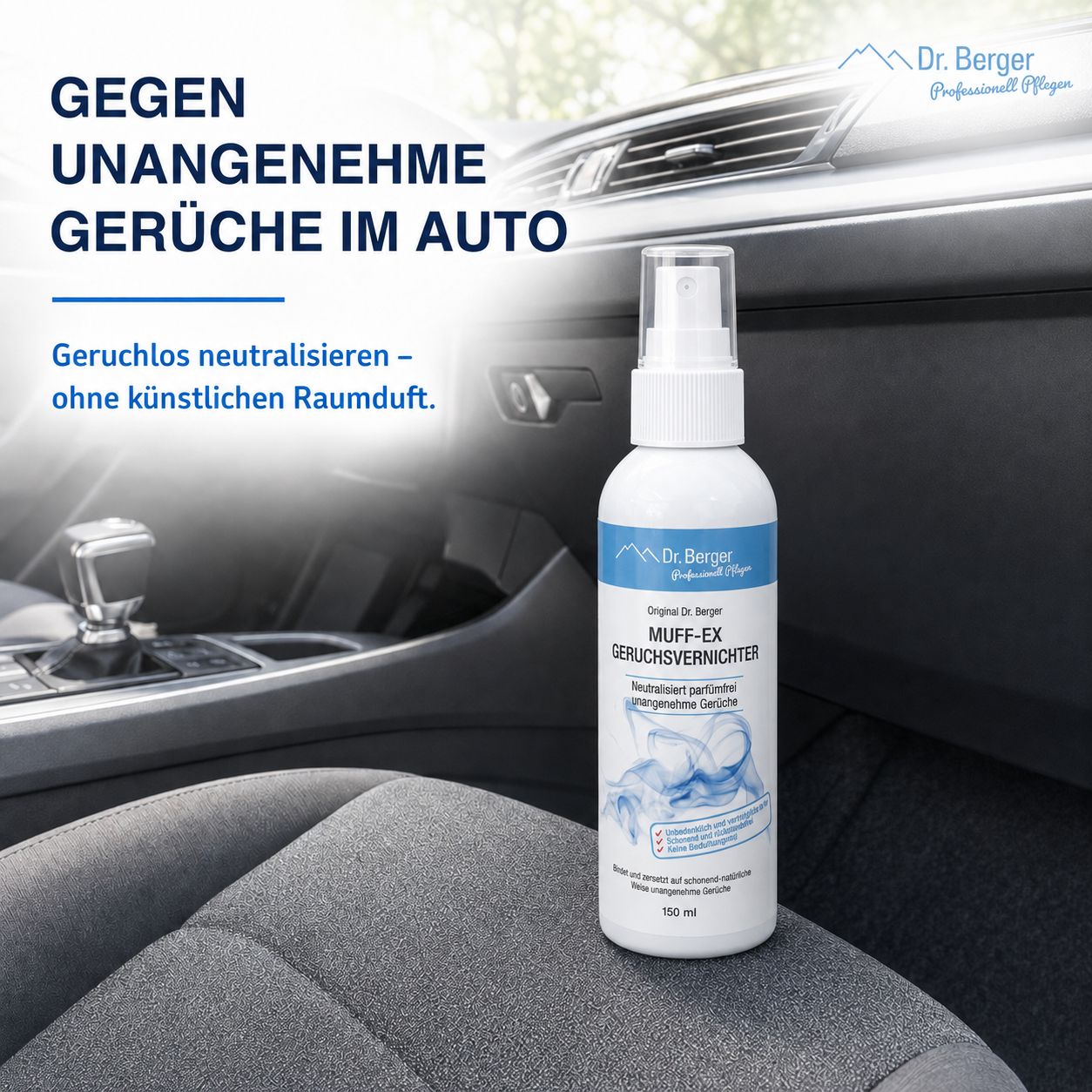 Dr. Berger Muff-Ex Geruchsvernichter Flasche im Auto-Innenraum.