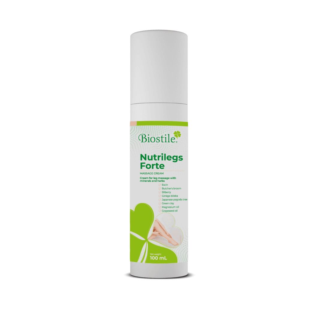 Biostile Nutrilegs Forte Massagecreme Spenderflasche, 100 ml, mit detaillierter Produktbeschreibung.