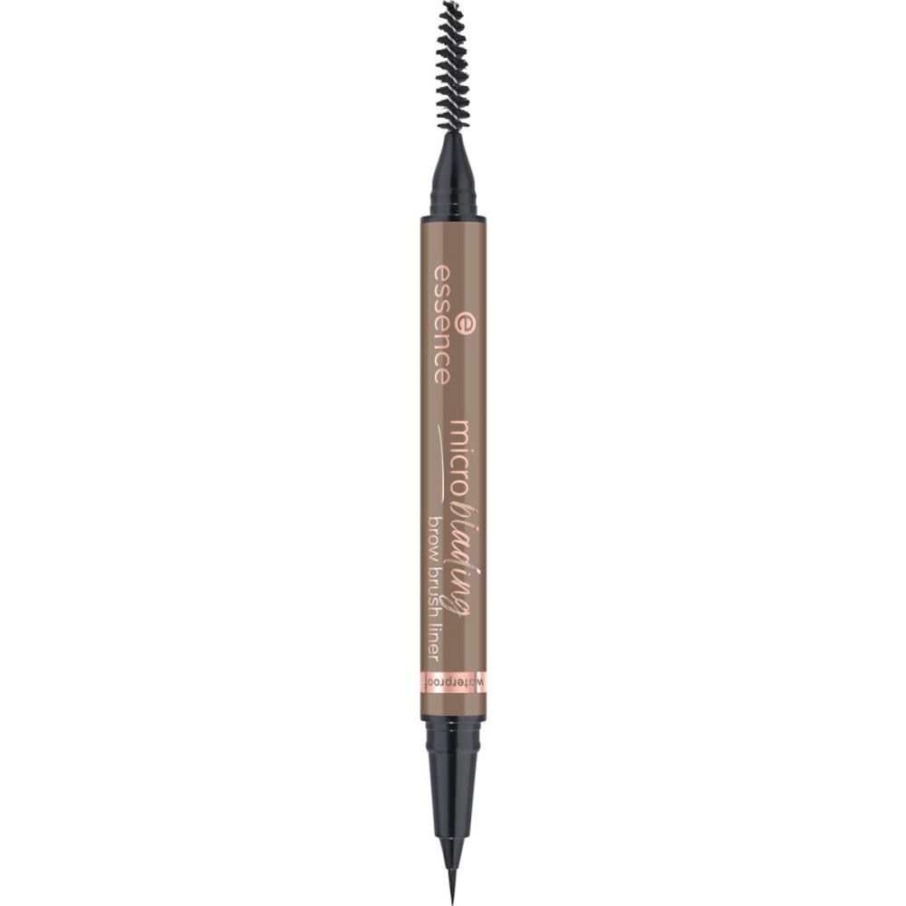 Brauenstift mit Bürste und Spitze. Hellbrauner Stift mit schwarzer Bürste und Spitze. Aufschrift: Microblading brow brush liner.