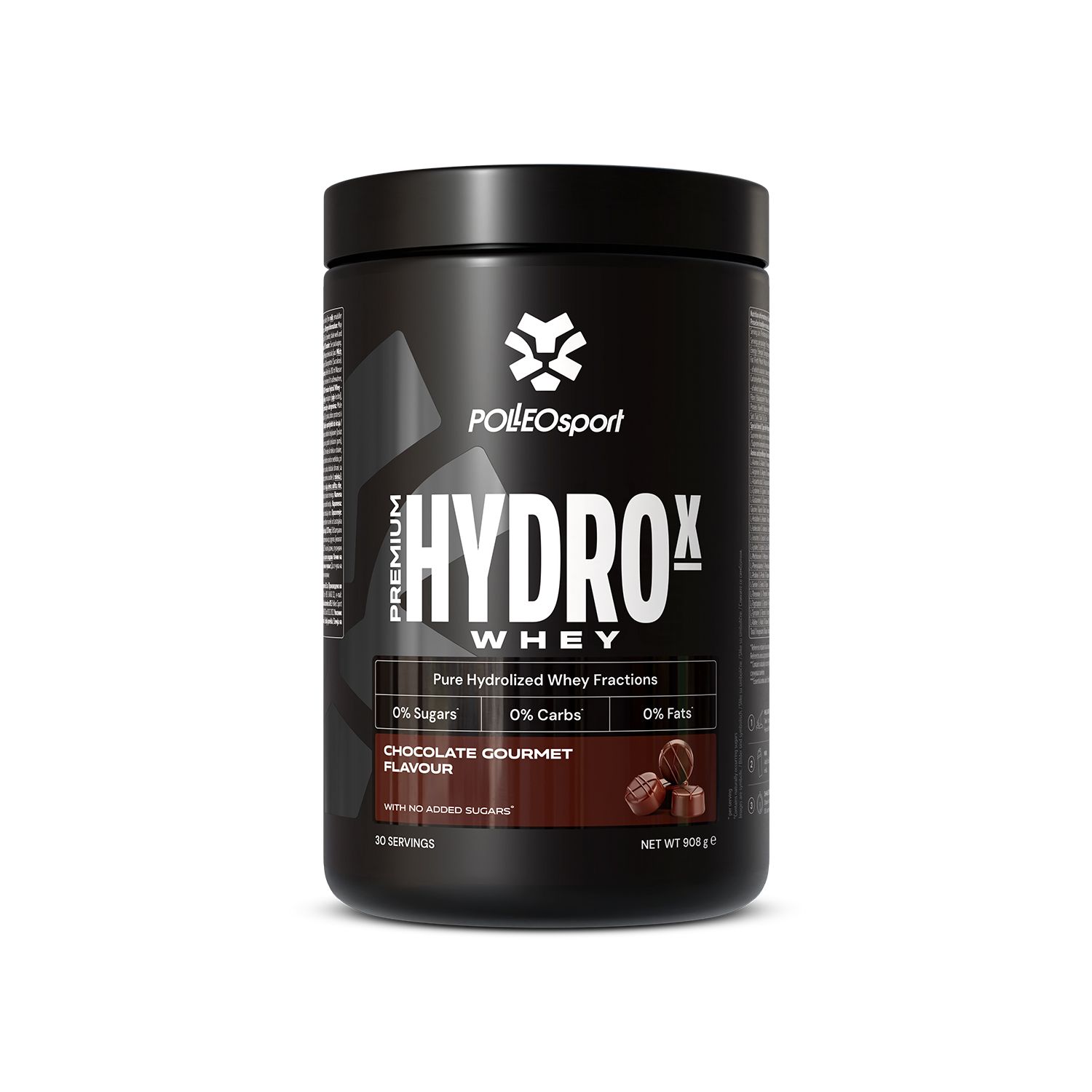 Schwarzer Behälter mit Polleo HydroX Whey. Aufschrift: Premium Hydrowhey, Schokoladen-Geschmack. Enthält 0% Zucker, 0% Kohlenhydrate, 0% Fett.