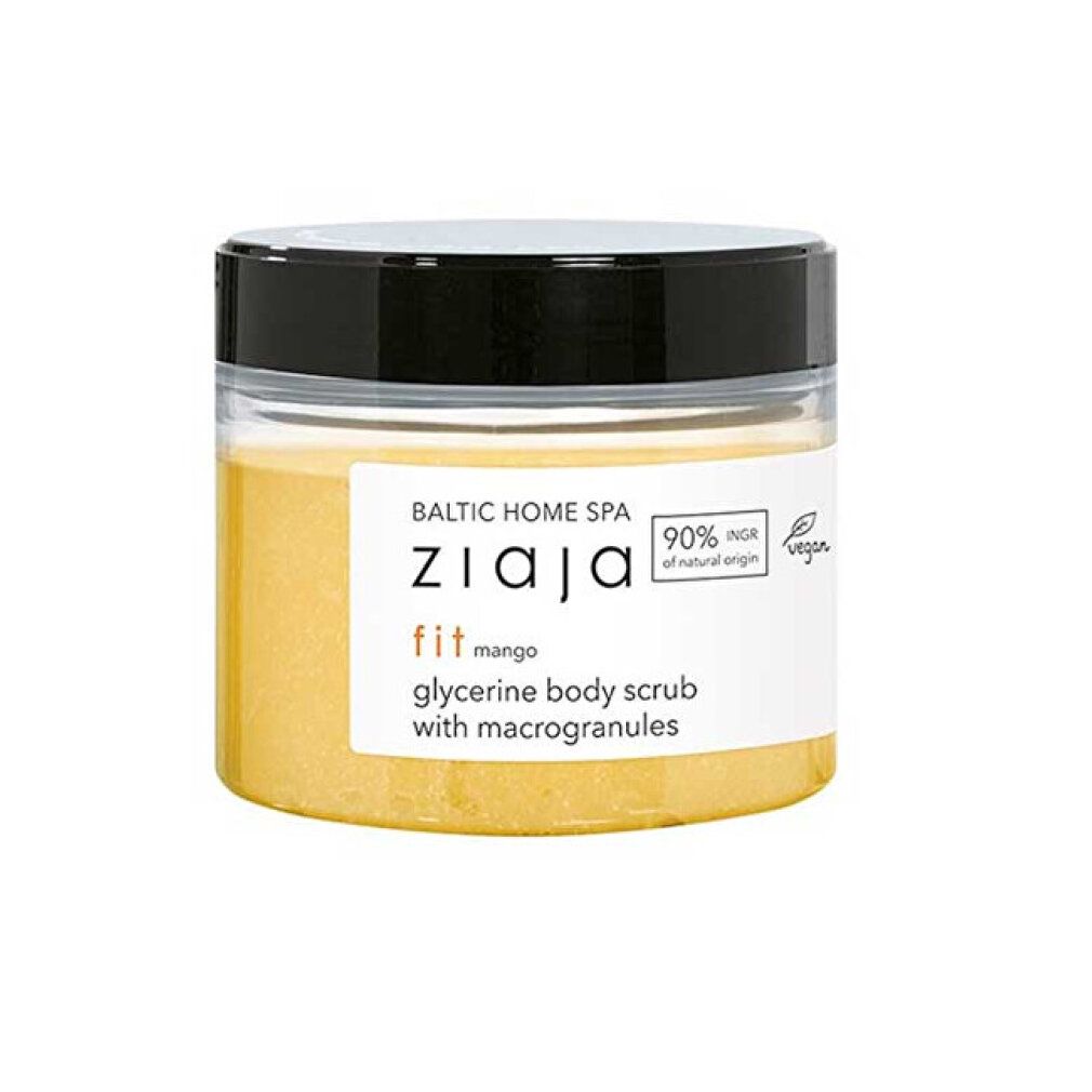 Behälter mit gelbem Körperpeeling. Aufkleber mit Text: ZIAJA fit mango, Glycerin-Körperpeeling mit Makrokörnern. Vegan-Siegel.