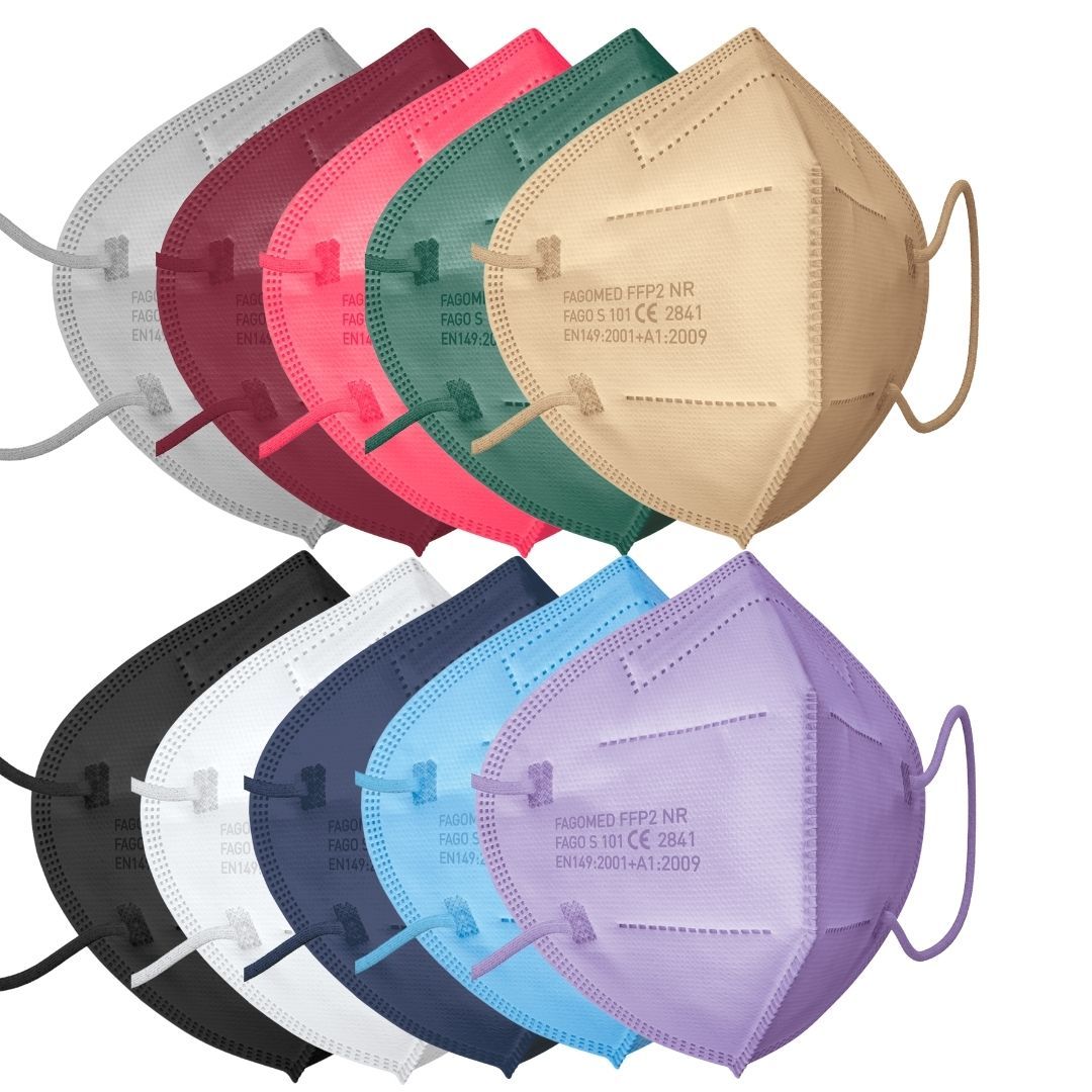 FFP2-Masken in verschiedenen Farben. Mehrere Masken in Grau, Bordeaux, Rosa, Grün, Beige, Schwarz, Weiß, Marineblau, Hellblau und Lila.