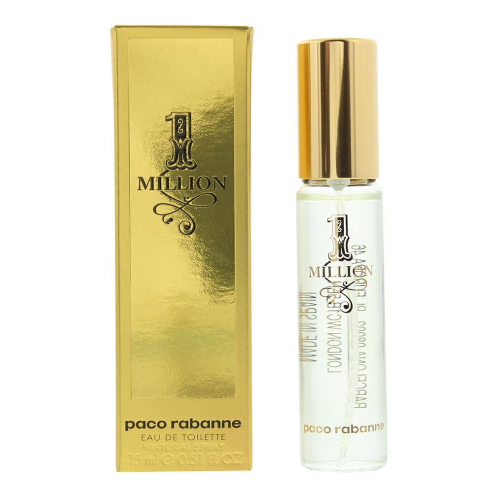 Rabanne 1 Million Eau de Toilette, 15ml. Flakon und goldene Schachtel mit "1 Million" und Paco Rabanne Schriftzug.