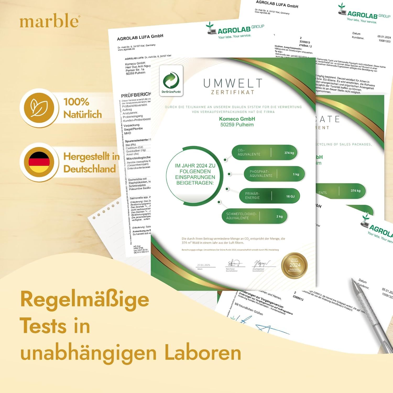 Zertifikate für Marble Collagen Pro: 100% natürlich, hergestellt in Deutschland, regelmäßige Tests.