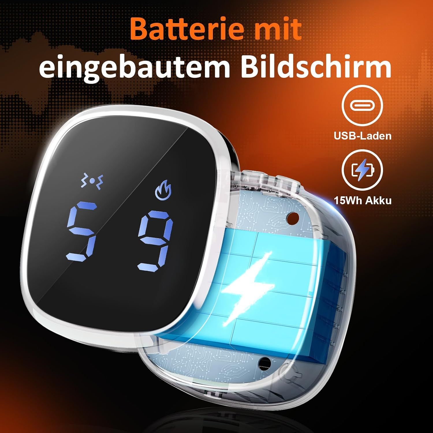Nahaufnahme eines digitalen Displays mit Ladeanzeige und Akku-Informationen.