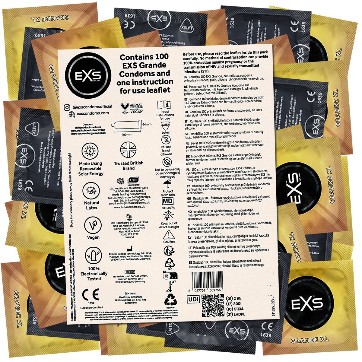 Packung mit 100 EXS Grande Kondomen aus Naturkautschuklatex.