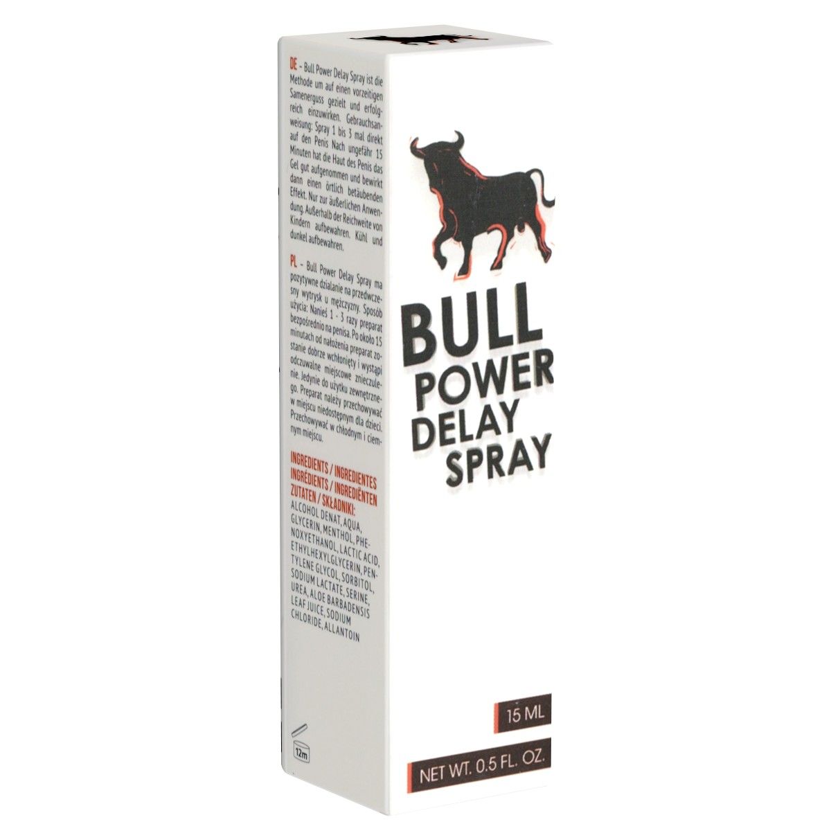 Weiße Verpackung mit Produktnamen Bull Power Delay Spray. Schwarzes Stier-Logo. Text in Deutsch und Polnisch. 15 ml, 0.5 fl. oz.