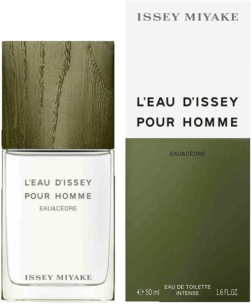 Flakon und Verpackung von L'Eau d'Issey pour Homme Eau & Cèdre. Holzdeckel, weißes Etikett, grüne Akzente. Text: Issey Miyake.
