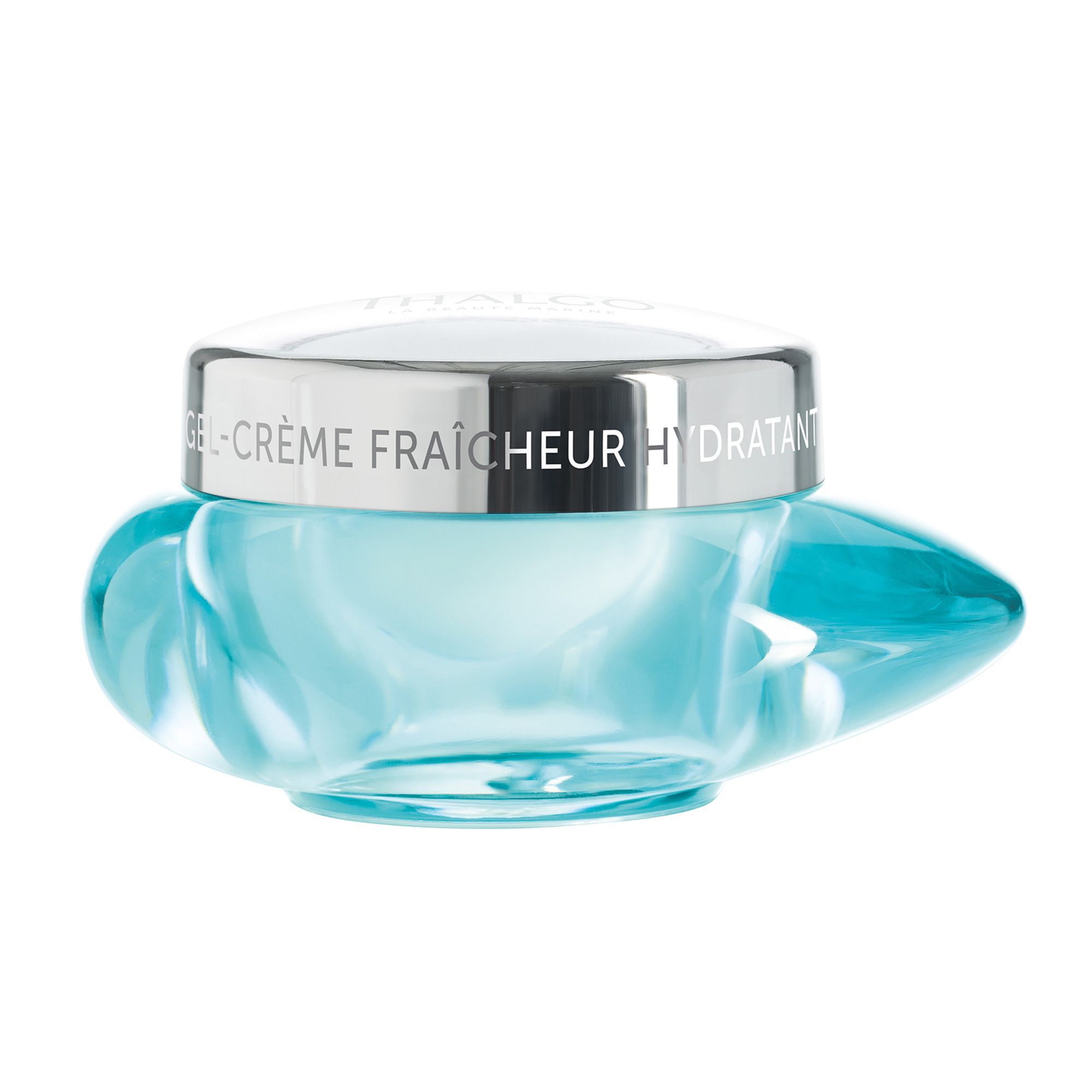 Türkisfarbener Tiegel mit silbernem Deckel. Aufschrift: THALGO, GEL-CRÈME FRAÎCHEUR HYDRATANT. Produktansicht.