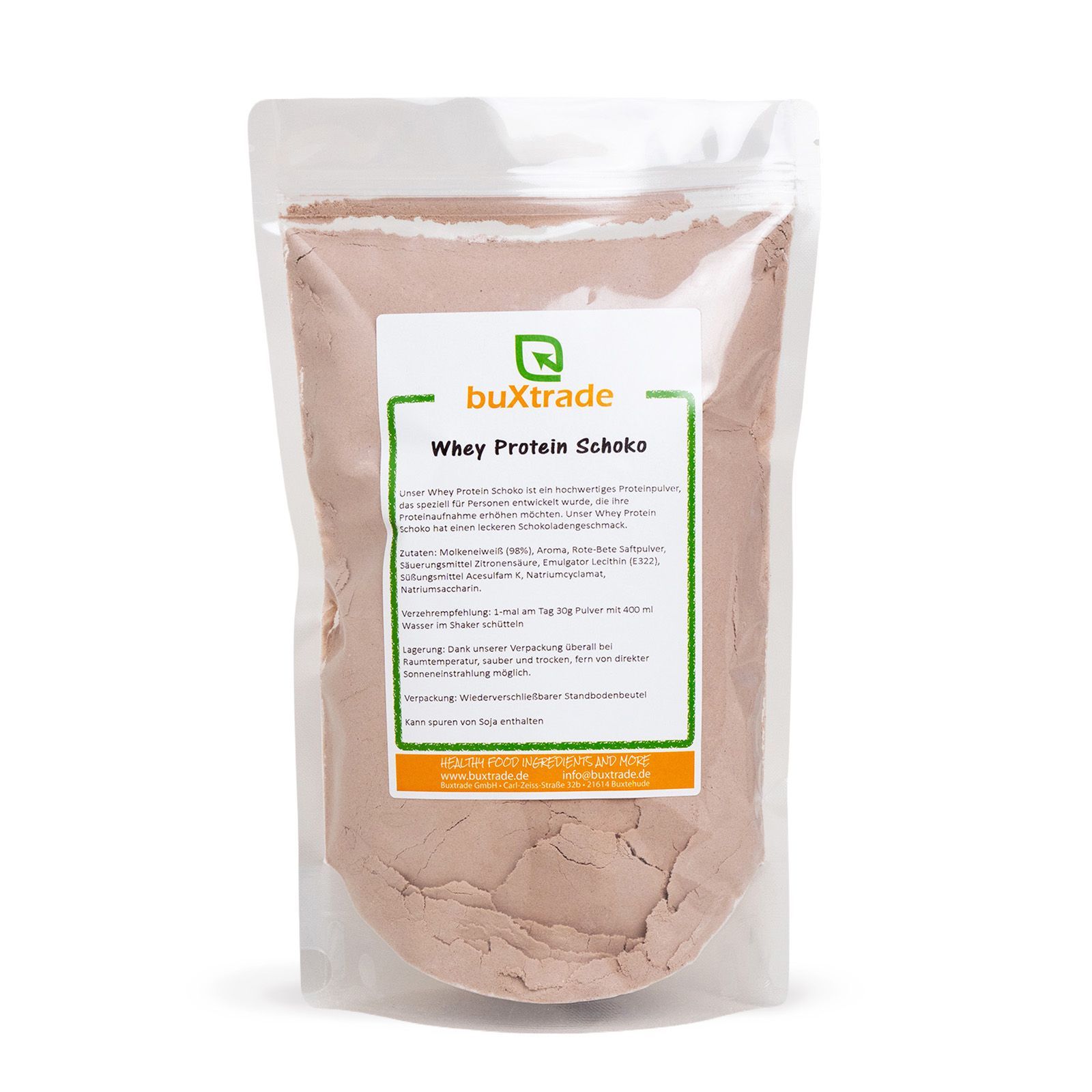 Beutel mit buXtrade Whey Protein Schoko. Text und Logo sichtbar.
