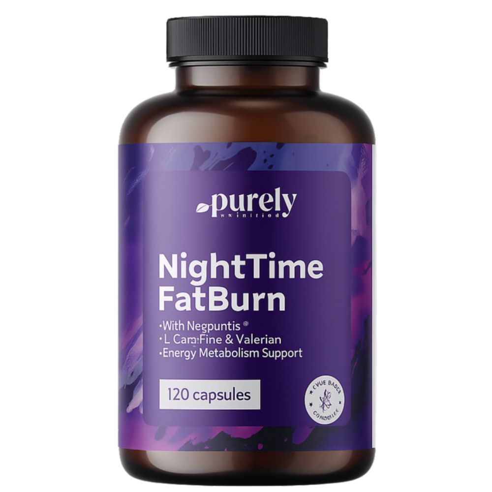 Braune Flasche mit schwarzem Deckel. Aufschrift: NightTime FatBurn, 120 Kapseln. Lila Etikett mit weißen Buchstaben. Marke: purely nutrition.