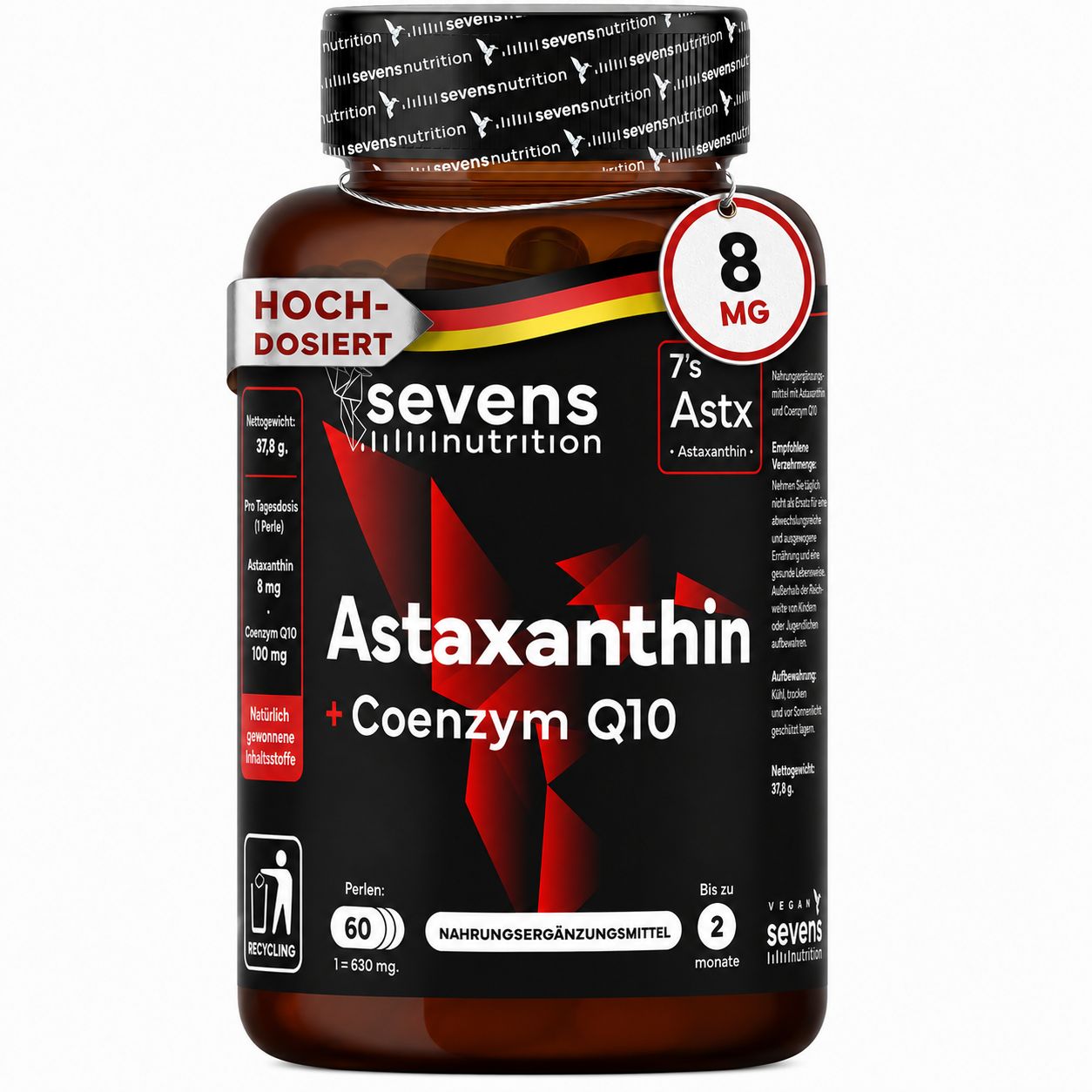 Braune Dose mit Astaxanthin + Coenzym Q10 Kapseln. 8 mg Astaxanthin, 60 Kapseln.