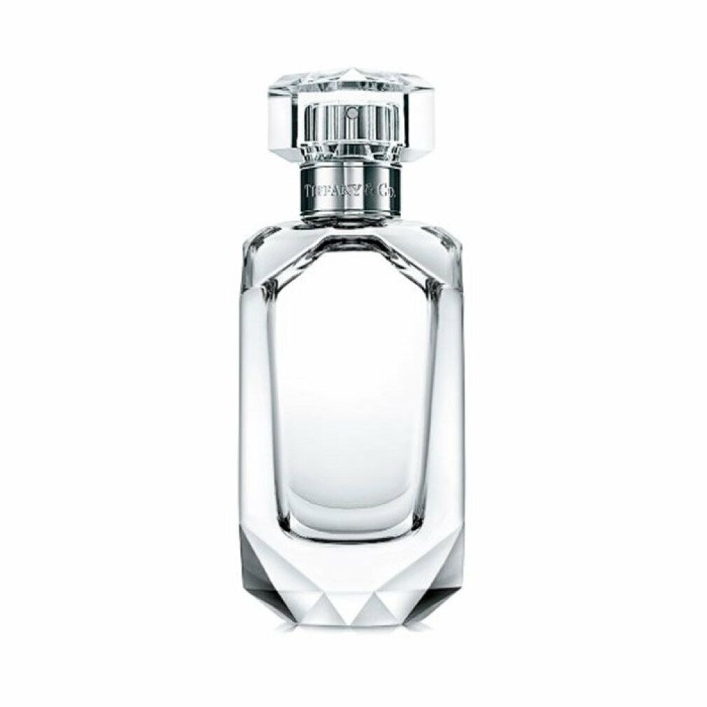 Transparenter Parfumflakon mit facettiertem Boden und Deckel. Silberfarbener Hals mit Aufschrift "Tiffany & Co.".