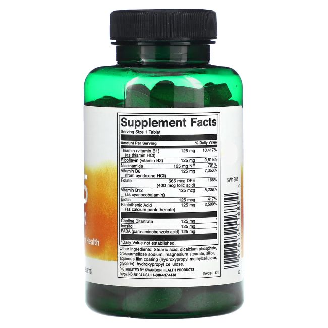 Rückansicht einer grünen Flasche mit Tabletten. Aufschrift: Supplement Facts. Inhaltsstoffe und Nährwertangaben.