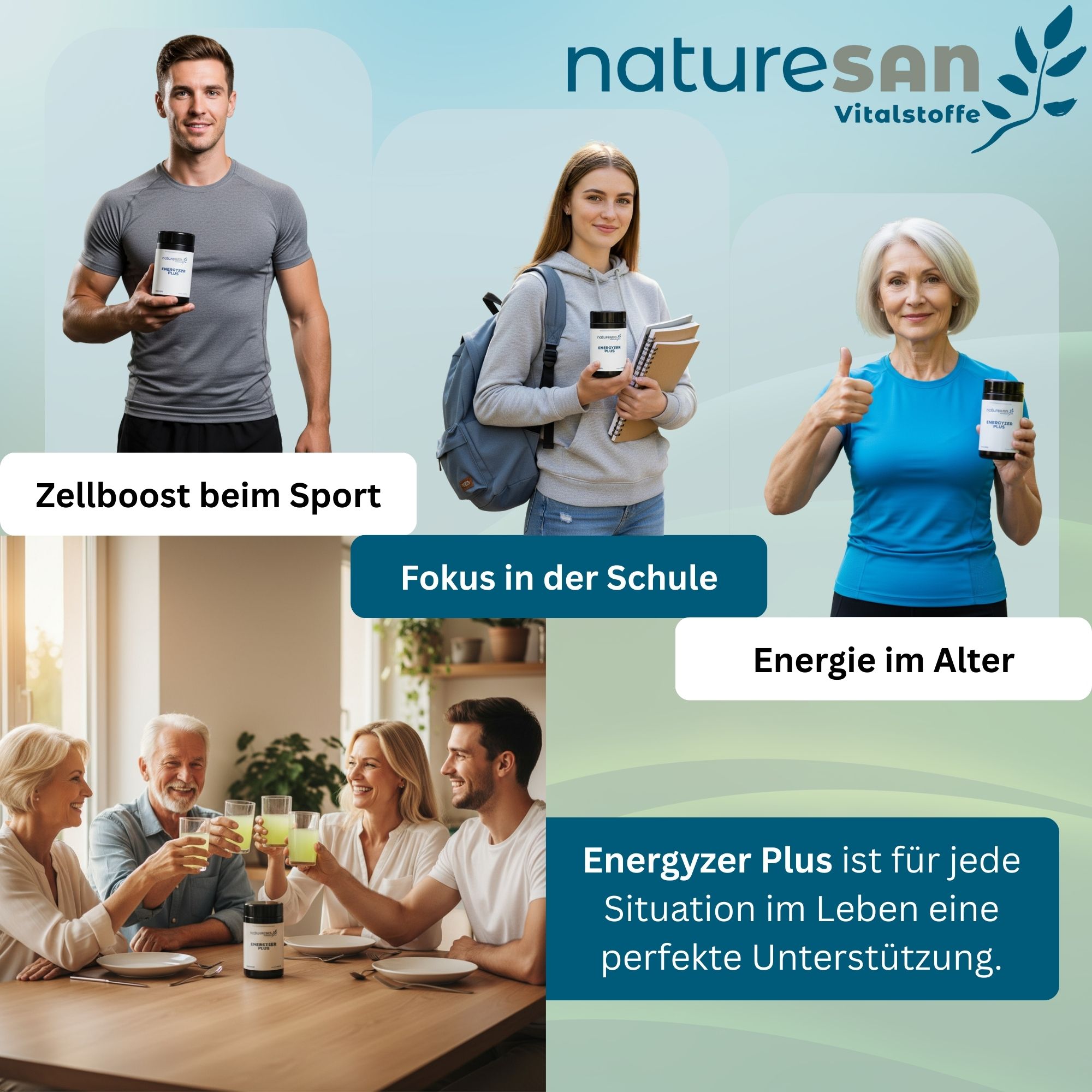 Naturesan Energyzer Plus. Personen halten das Produkt in verschiedenen Situationen. Text: Zellboost beim Sport, Fokus in der Schule, Energie im Alter.