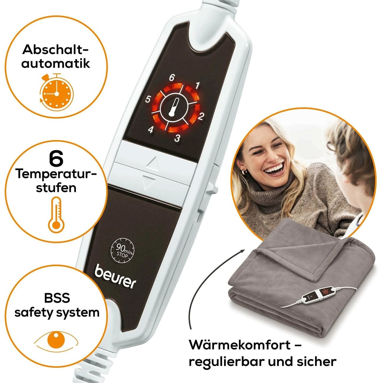 Bedienungselement mit 6 Temperaturstufen, Abschaltautomatik und BSS-Sicherheitssystem. Wärmezudecke.