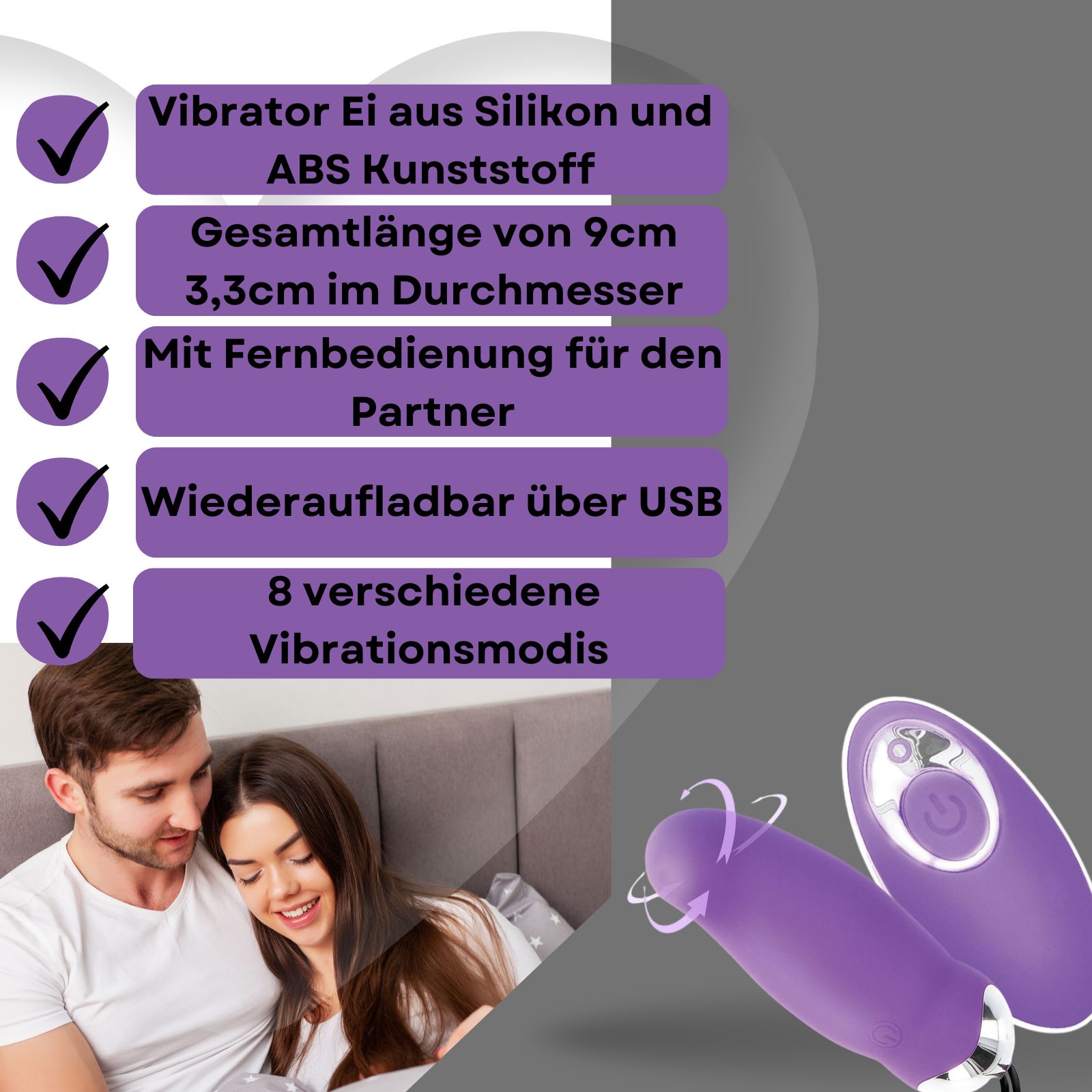 Lila Vibrator-Ei mit Fernbedienung. Aus Silikon und ABS. 9 cm lang, 3,3 cm Durchmesser. Wiederaufladbar über USB. 8 Vibrationsmodi.
