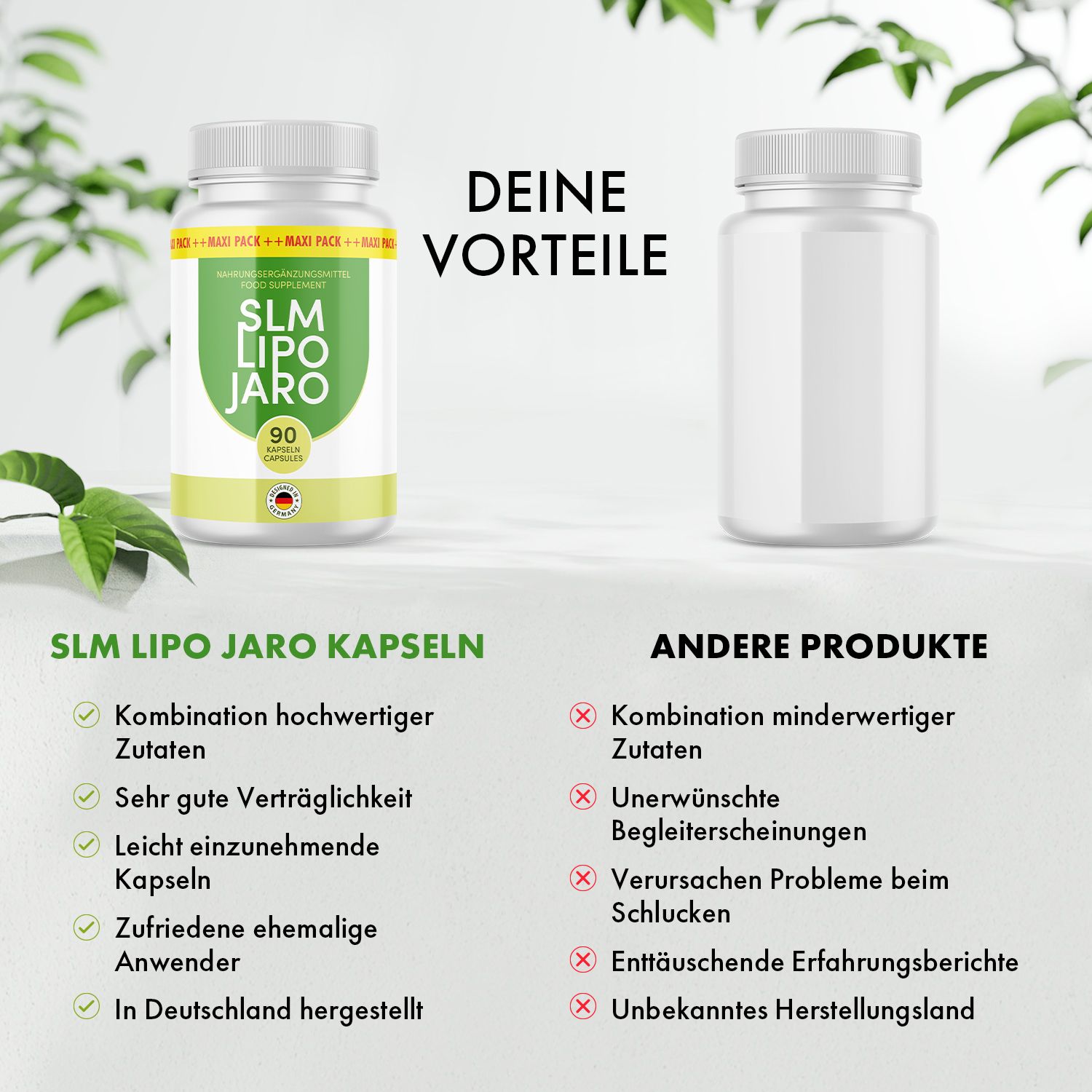 Zwei Pillenbehälter. Links: SLM LIPO JARO Kapseln. Rechts: Leerer Behälter. Text: Vorteile, hochwertige Zutaten, gute Verträglichkeit.