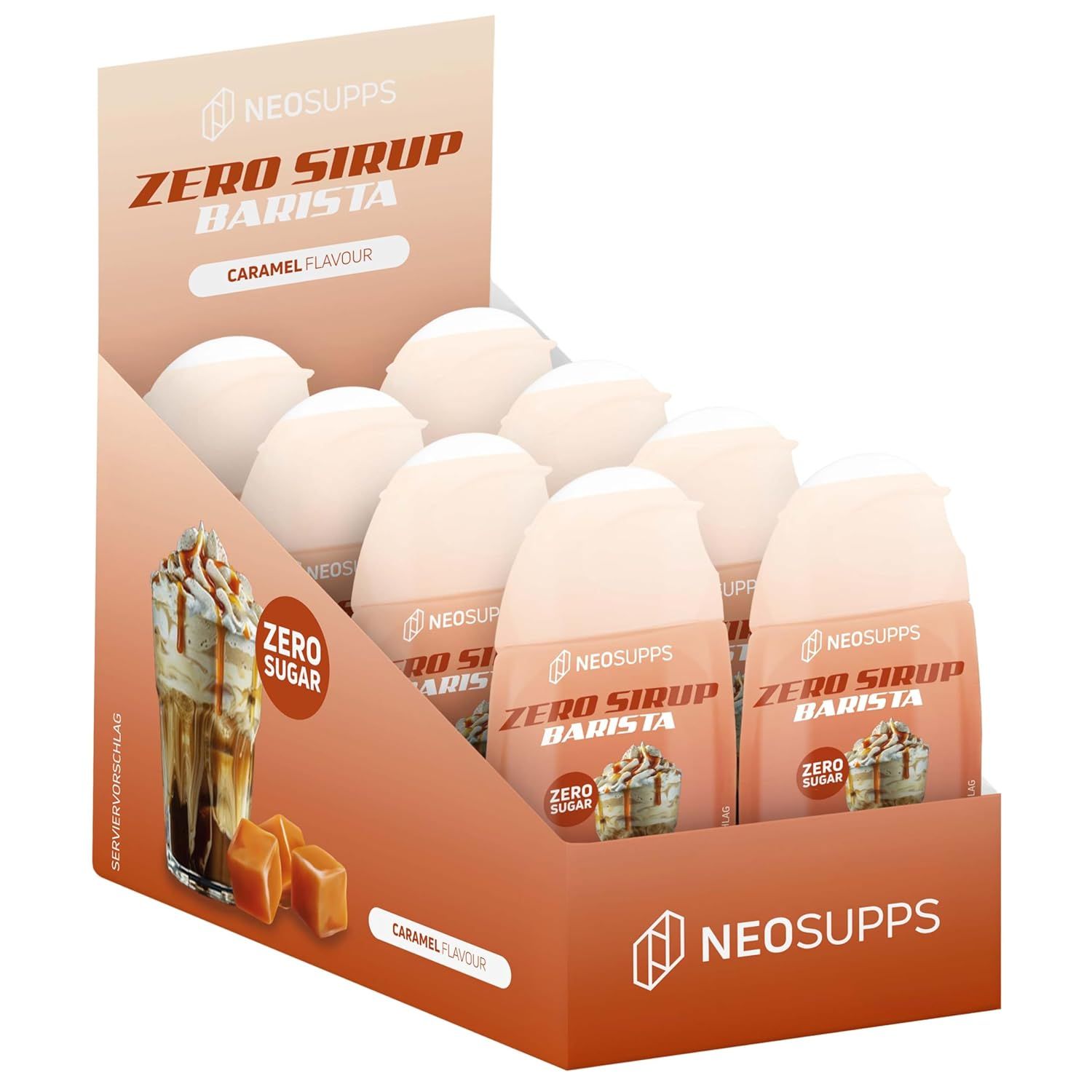 Neosupps Zero Sirup Barista, Caramel Flavour, in einer Verkaufsbox. Mehrere Flaschen sichtbar.