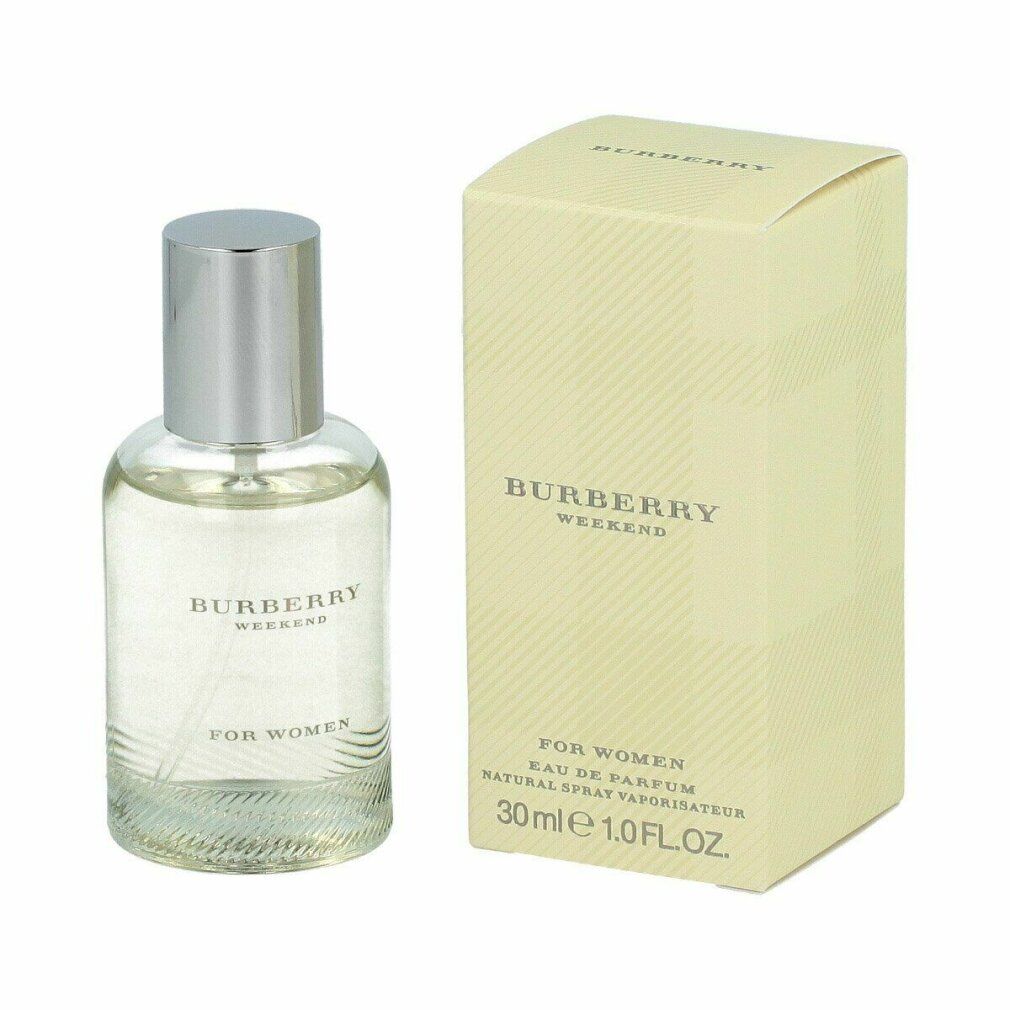 Burberry Weekend Eau de Parfum Spray für Damen. Flakon und Verpackung. Beige karierte Verpackung. 30ml.
