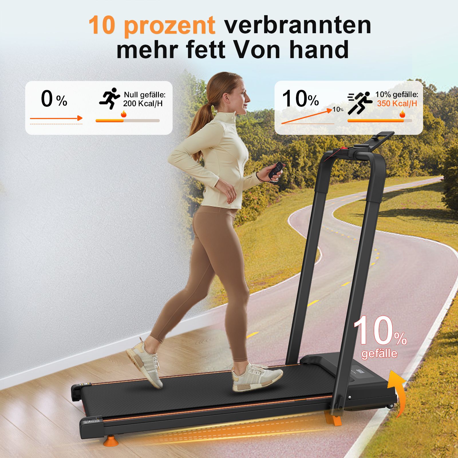 Frau läuft auf einem Laufband. Text: 10% Gefälle. Diagramme zeigen Kalorienverbrauch.